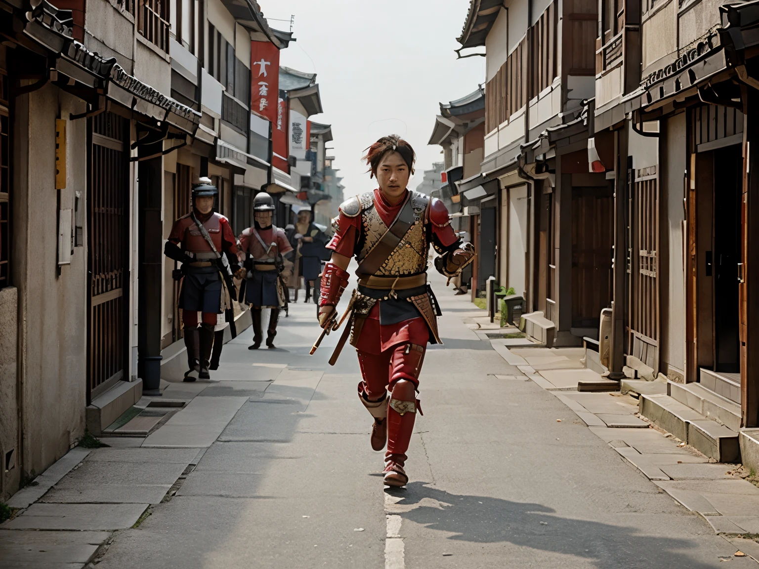 A young samurai wearing red armour runs away from a group of joseon soldiers in a korean city