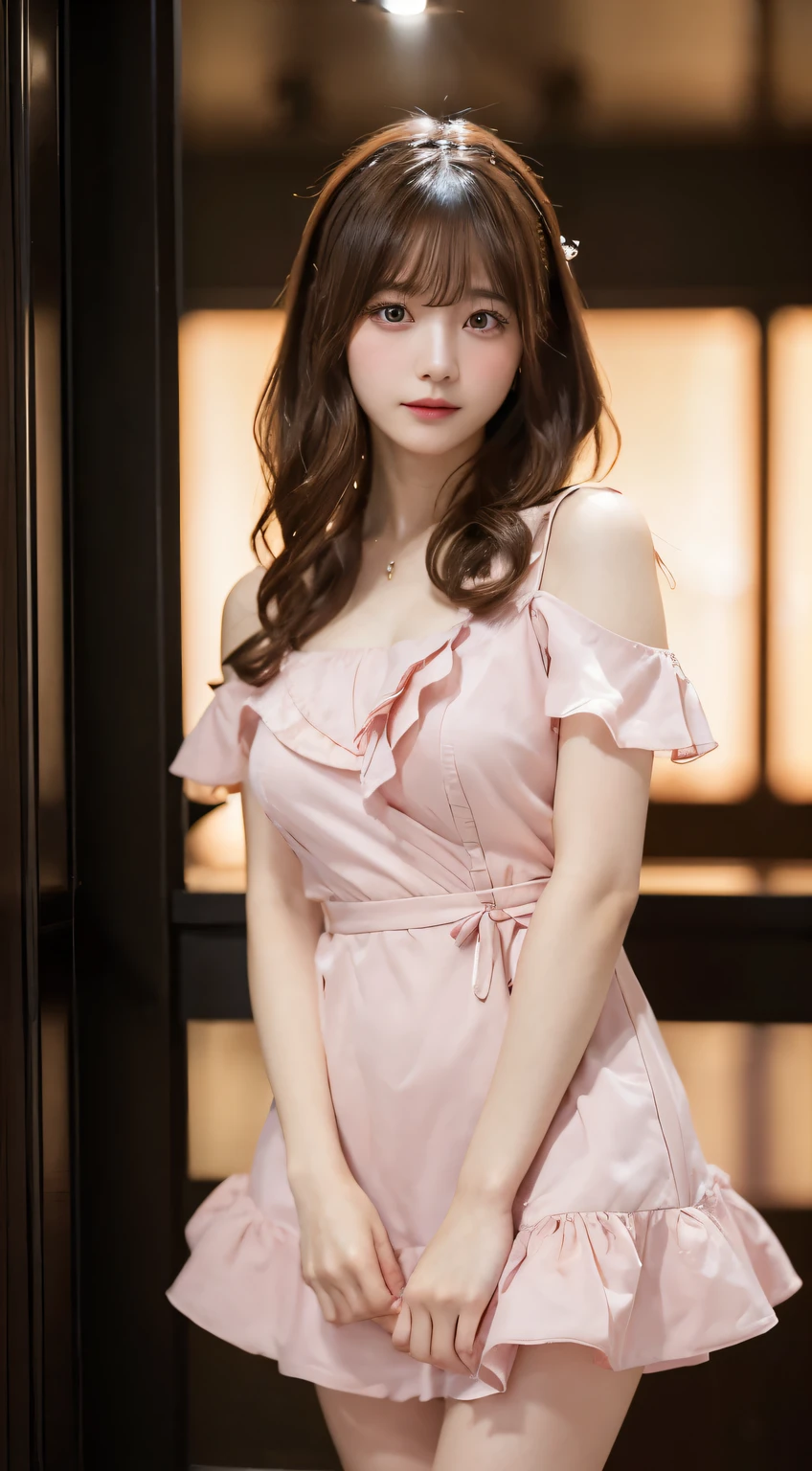 (top-quality,in 8K,masterpiece:1.3),(超A high resolution,Photorealsitic:1.4,RAW shooting),(ultra-detailliert,Caustics,perfect anatomia),(ultra-detailliertな背景,Ultra-realistic capture,beautifully detailed eyes),(Cabaret club in Kabukicho:1.1),(Pale pink ruffled dress:1.1),to stand,韓国アイドル,20yr old,kawaii,Beautiful brown hair with wavy center parting,Staring at this,Naughty look, natta,Dynamic lighting