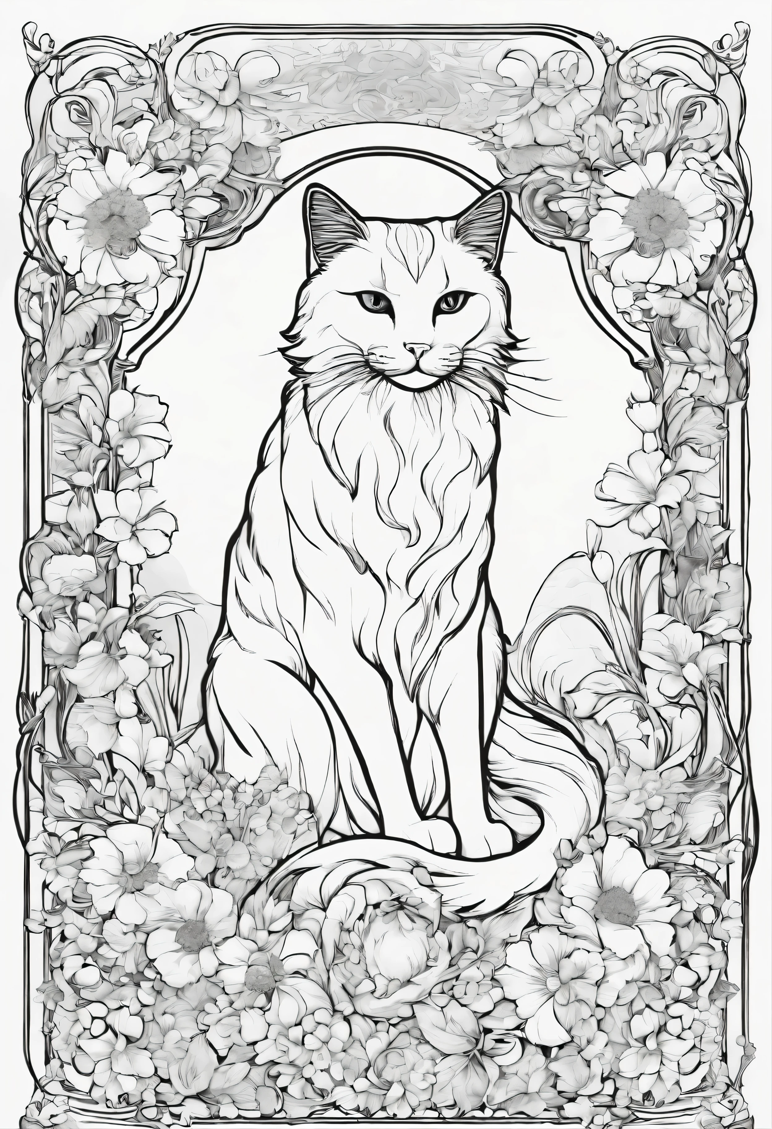 A coloring book for adults with the theme of beautiful long-haired cats and flowers., Consists of black lines on a white background.、No shading gradation
