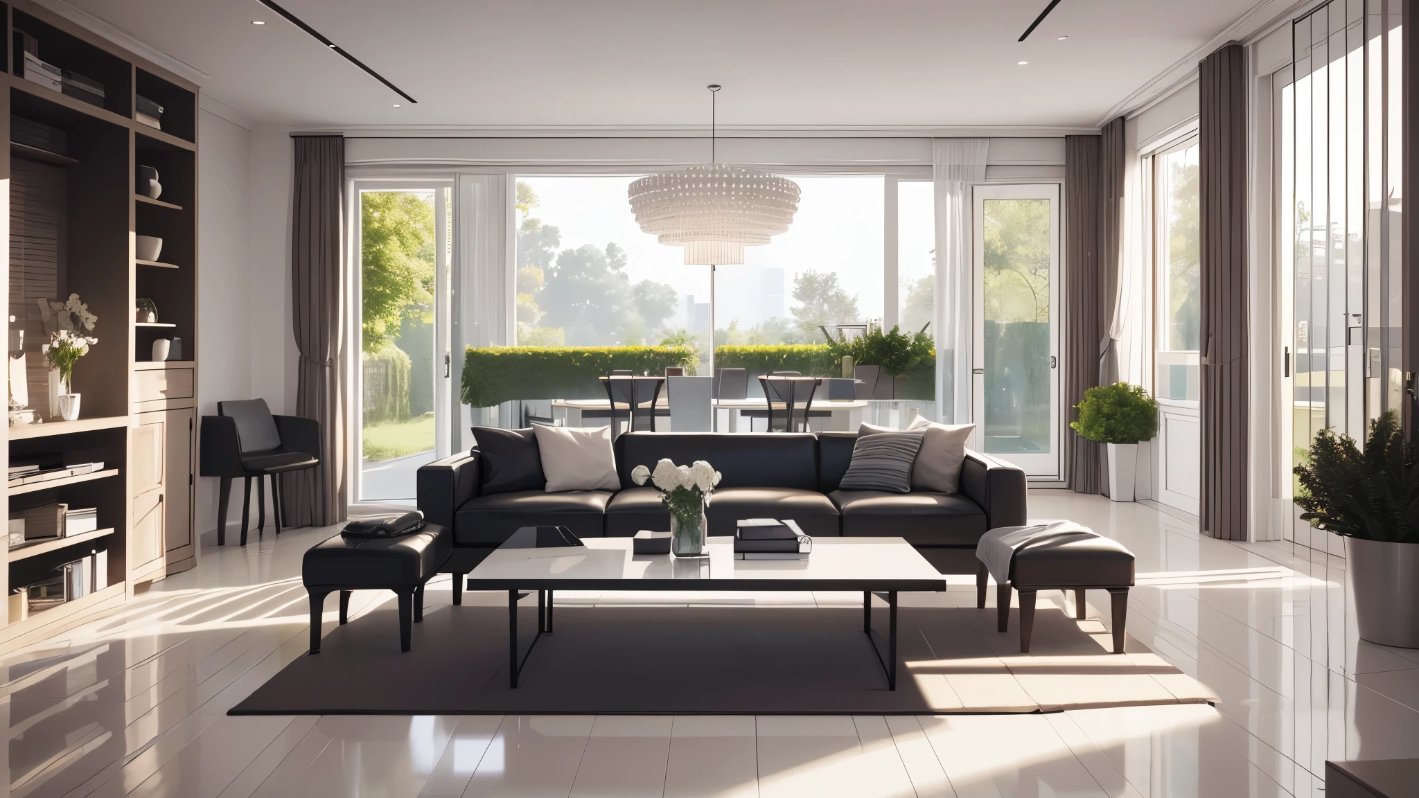 You are a famous interior designer、You have been asked to create a 3D image of a modern large room. Create a harmonious environment with modern and minimalist furniture. Including garden interior.