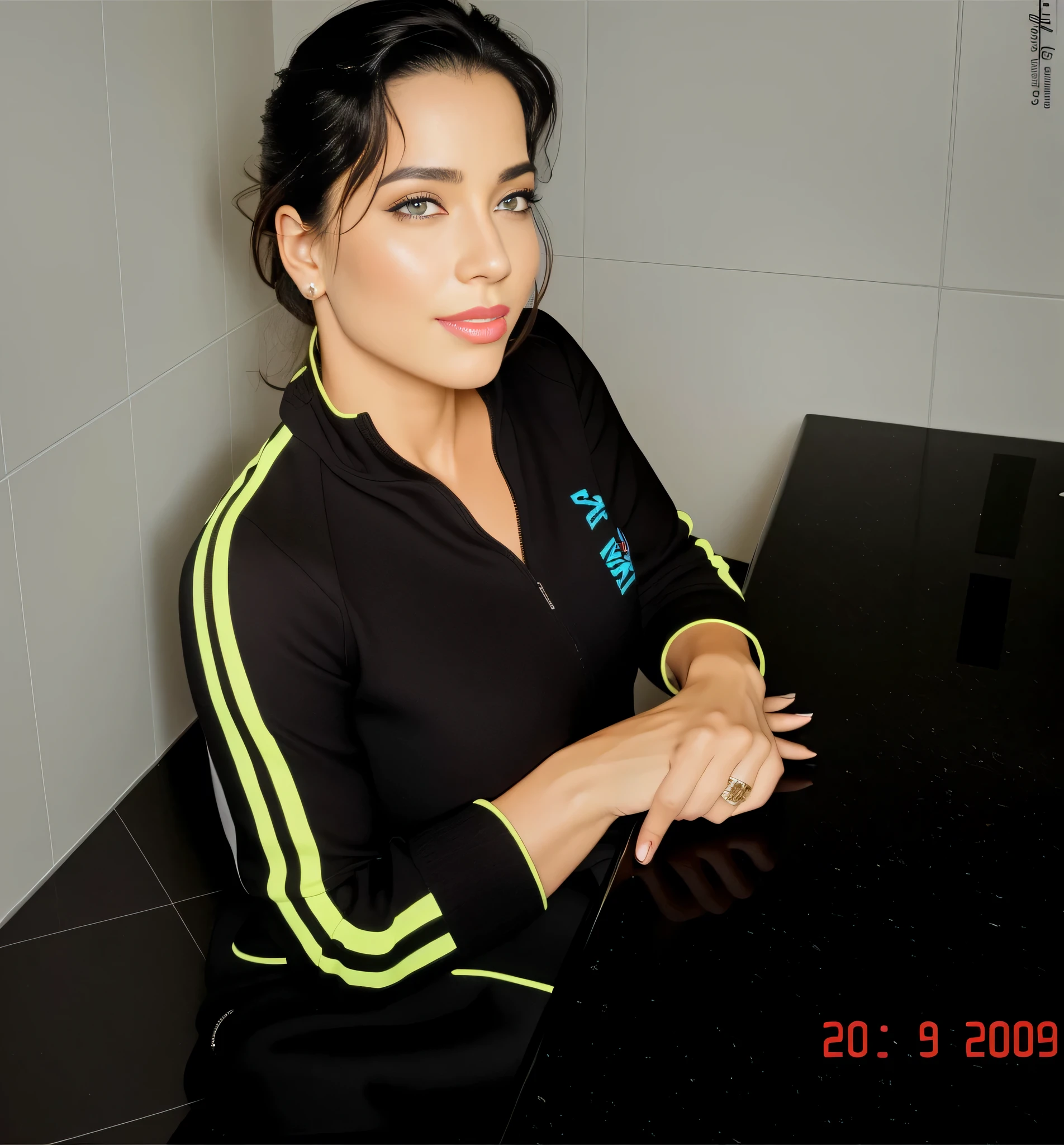 there is a woman sitting at a counter with a knife, mulher de 36 anos, foto realista, looks like fabiula nascimento, Uma mulher com pele branca e cabelos escuros. ela tem cerca de 35 anos. His lips were slightly plump, Seus olhos eram castanhos escuros. Corpo fino. cintura fina. Your body exudes glamor and your face is the definition of beauty. teste, Altamente realista, Lindo, slightly full lips, batom cor de rosa, sorridente, feeling of lightness and joy, hiperrealismo, pele muito elaborada. foto de corpo inteiro, Limpar foto, alta qualidade, high resolution, obra de arte, 8k.