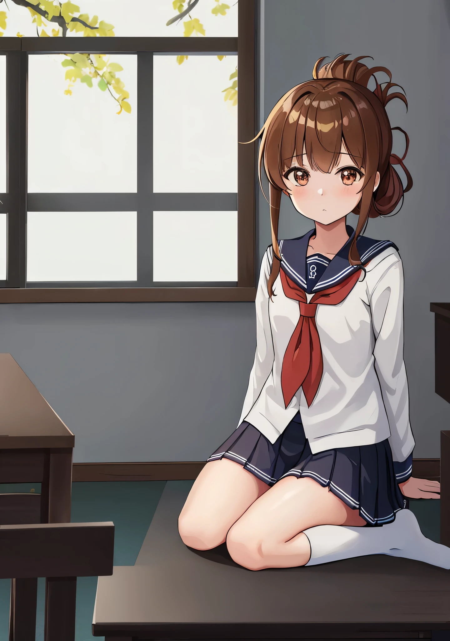 (masterpiece, highest quality:1.2),figure,8K,HD,1 girl,alone,Brown_hair,folded_ponytail,Brown_eye,serafuku,length_hair,School_uniform,skirt,pleats_skirt,セーラー服を着た体調の悪い女子高生がSchoolの体育館の床に座り、observing classes.