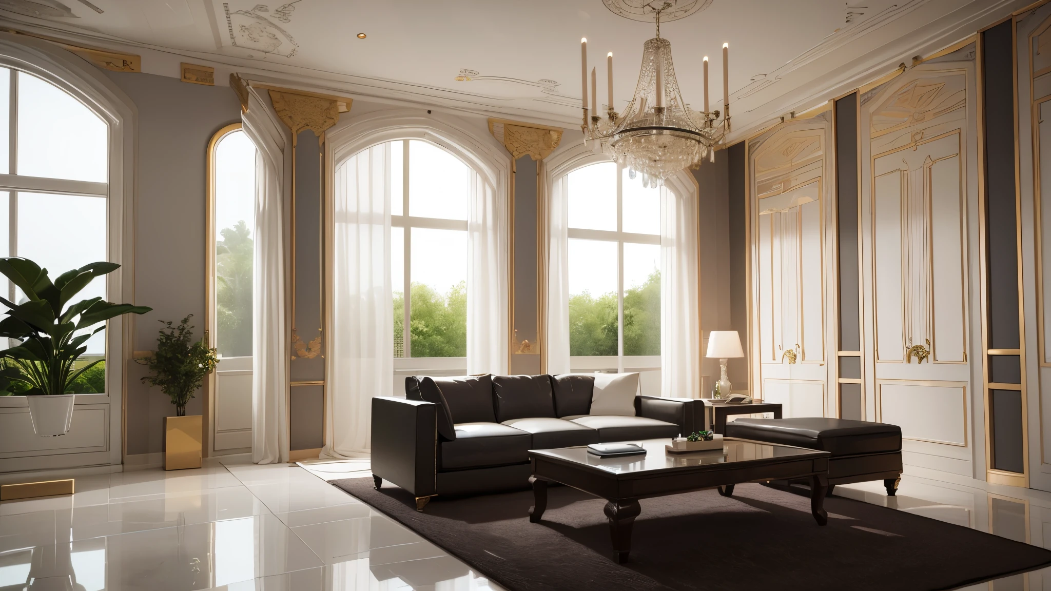 You are a famous interior designer、You have been asked to create a 3D image of a modern large room. Create a harmonious environment with modern and minimalist furniture. Including garden interior.