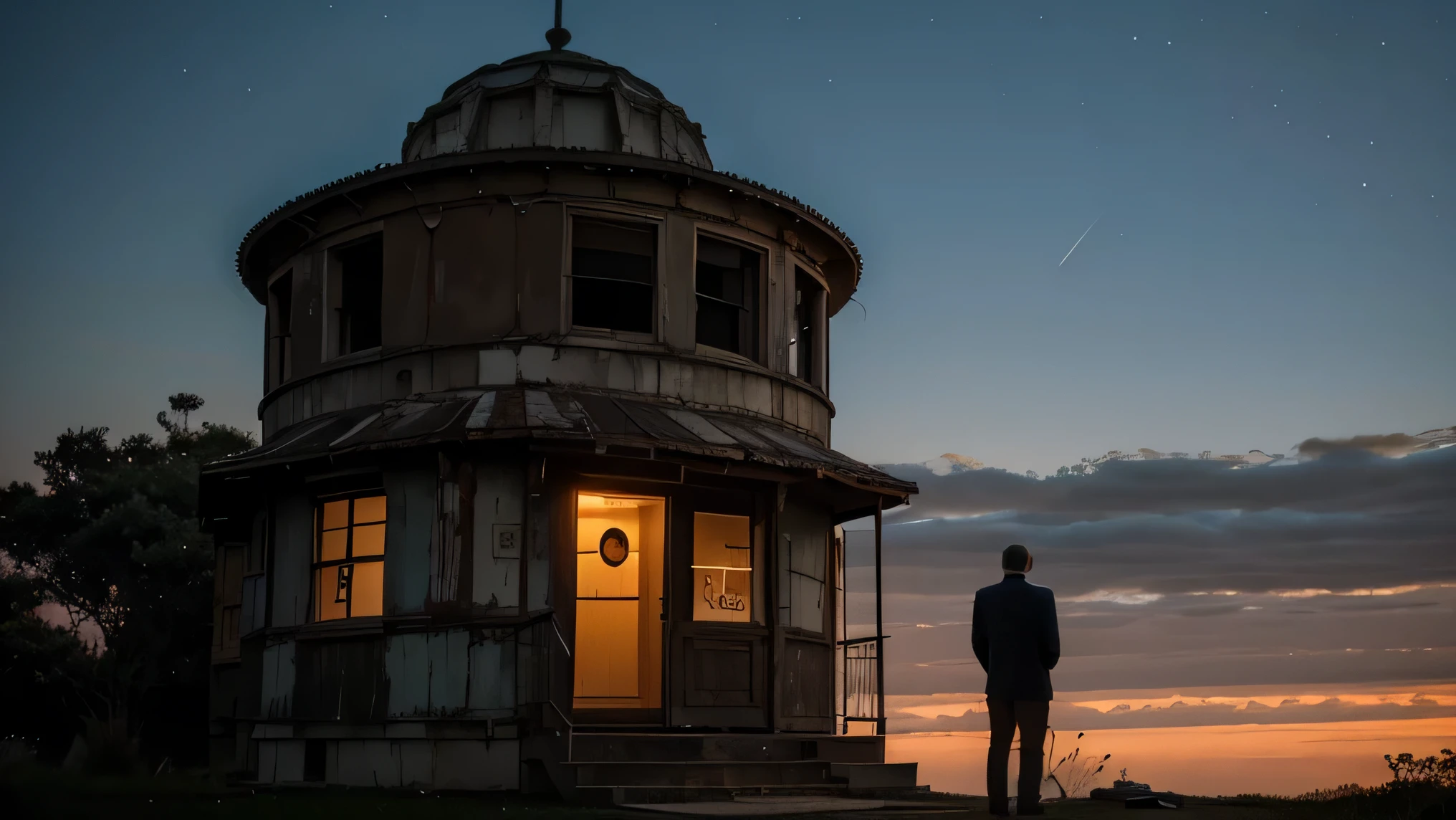 On the crumbling steps of the abandoned observatory, JOHN, a man in his 50s, stands amidst the fading light of dusk. His gaze is fixed upon the stars, a mix of awe and resignation in his expression. The wind whispers through the dilapidated structure, carrying echoes of forgotten dreams. Photography, capturing the atmospheric dusk lighting and the weathered texture of the observatory