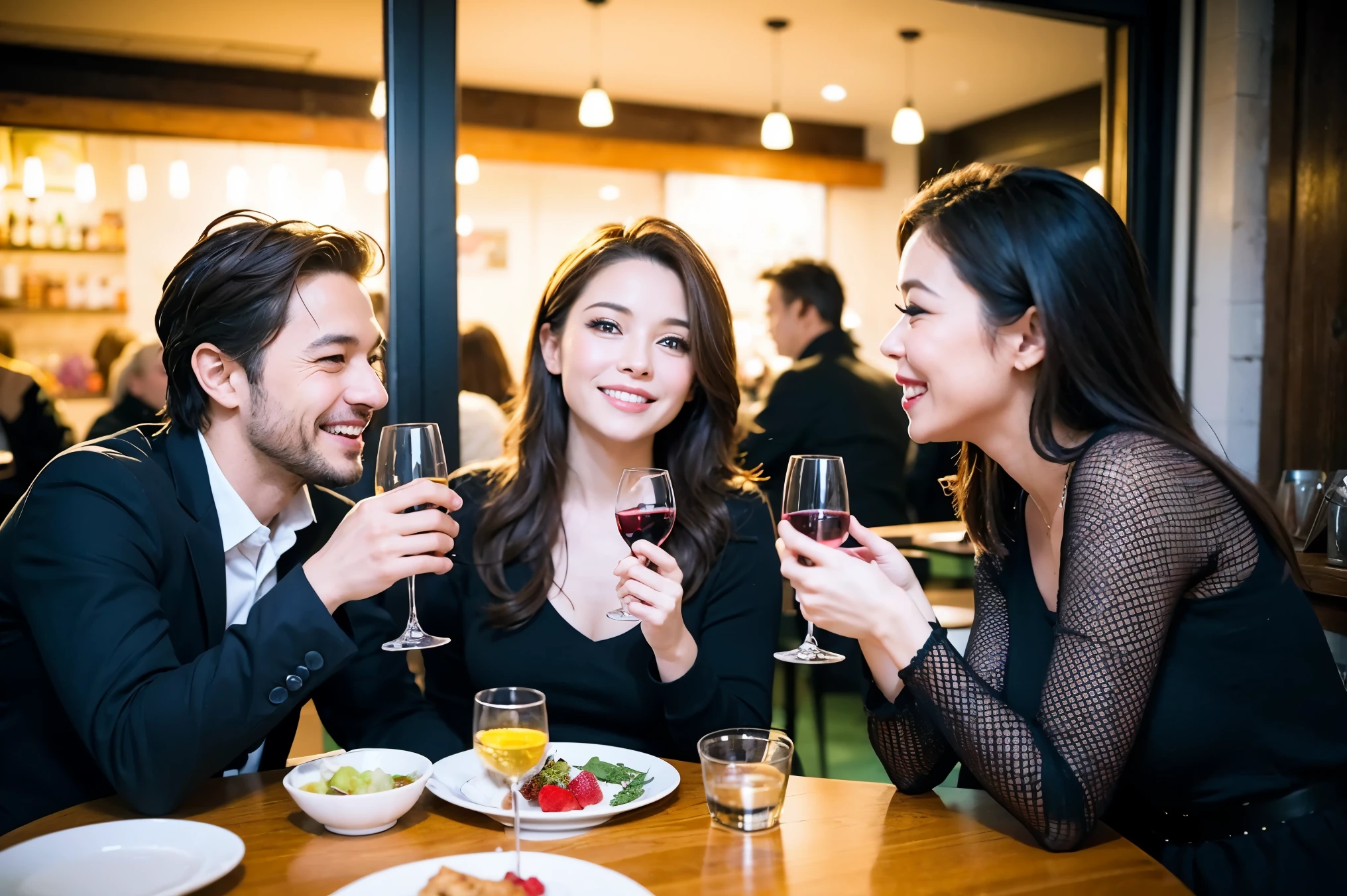 64k, UHD, highest quality, masterpiece: 1.2), (realistic, photorealistic: 1.37), Super detailed, celebration party、beauty、charming、beautiful mature woman、3 women who love wine、three men、champagne、Sparkling wine、winter night、restaurantでワイン宴会、(slimな男女4名),(Wine party for 5 people)、(slimフェイス),Happy、 最高なsmile、Fox Face、Raccoon face、Berry Short、(because I&#39;thin), (brown hair), (shortcut), long sleeve shirt、winter fashion、Colombia、Brazilian、Japanese、Dutch、German、Portuguese、Belgian、Italian、french, (gushing), (slimボティ), (brown hair), (shortcut), 端正なbeauty、cheeks blush a little, (41 years old), 38 years old, 35 years old、32 years old、 A beautiful and detailed night view spreads out outside the window......, restaurant, wine glassが座っている, At night, in a prominent place (from the Upper body) nova frog style, actress, model, Upper body, White wine, slim, wine glass, Very beautiful night view, wine glass Put in the Middle, Happy smile, (smile: 1.15), 