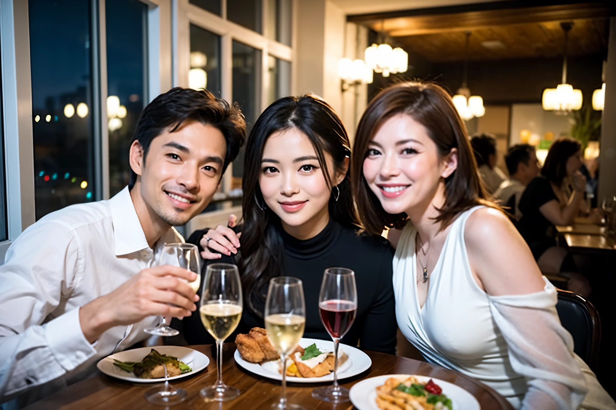 64k, UHD, highest quality, masterpiece: 1.2), (realistic, photorealistic: 1.37), Super detailed, celebration party、beauty、charming、beautiful mature woman、3 women who love wine、three men、champagne、Sparkling wine、winter night、restaurantでワイン宴会、(slimな男女4名),(Wine party for 5 people)、(slimフェイス),Happy、 最高なsmile、Fox Face、Raccoon face、Berry Short、(because I&#39;thin), (brown hair), (shortcut), long sleeve shirt、winter fashion、Colombia、Brazilian、Japanese、Dutch、German、Portuguese、Belgian、Italian、french, (gushing), (slimボティ), (brown hair), (shortcut), 端正なbeauty、cheeks blush a little, (41 years old), 38 years old, 35 years old、32 years old、 A beautiful and detailed night view spreads out outside the window......, restaurant, wine glassが座っている, At night, in a prominent place (from the Upper body) nova frog style, actress, model, Upper body, White wine, slim, wine glass, Very beautiful night view, wine glass Put in the Middle, Happy smile, (smile: 1.15), 