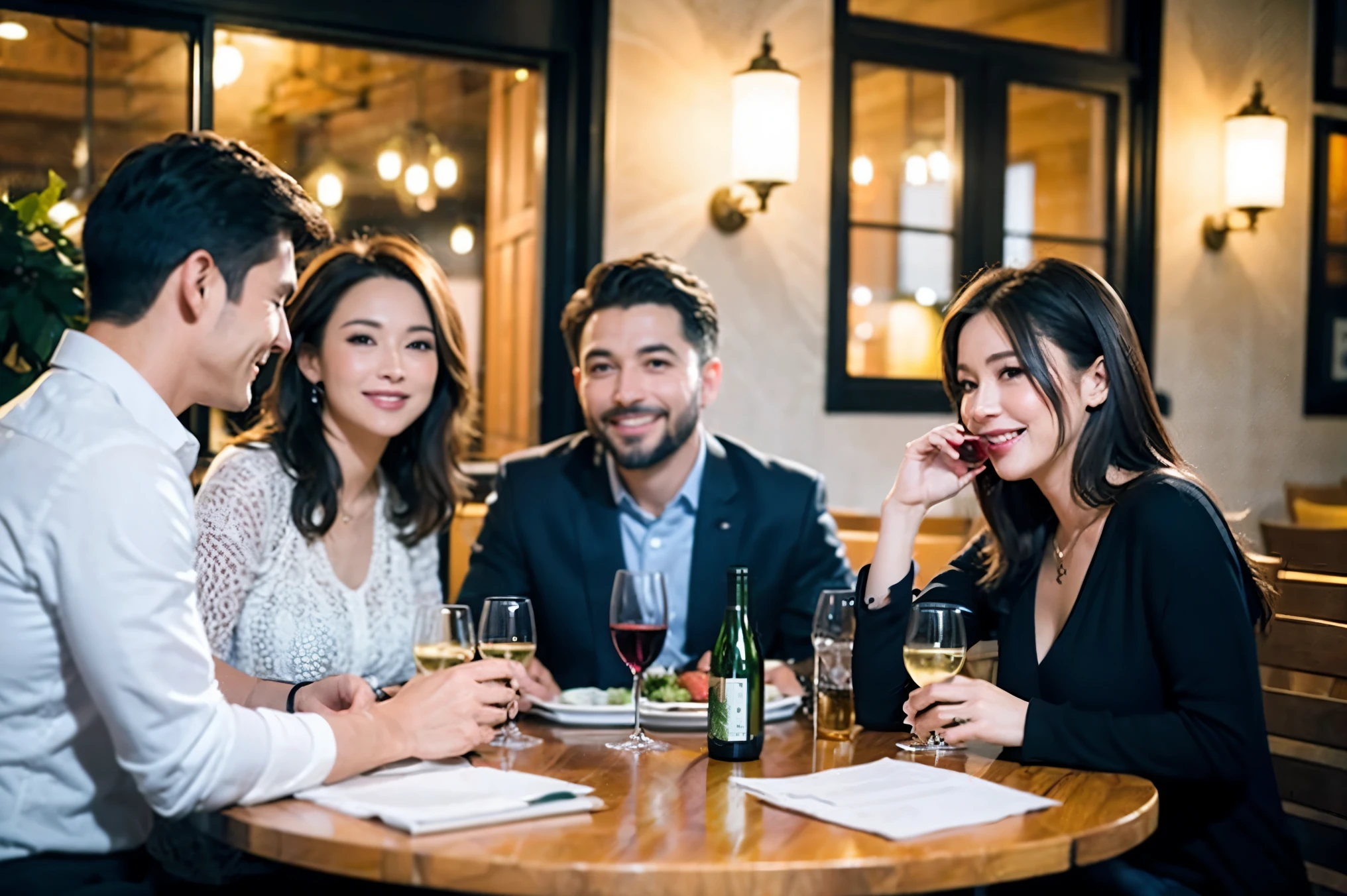 64k, UHD, highest quality, masterpiece: 1.2), (realistic, photorealistic: 1.37), Super detailed, celebration party、beauty、charming、beautiful mature woman、3 women who love wine、three men、champagne、Sparkling wine、winter night、restaurantでワイン宴会、(slimな男女4名),(Wine party for 5 people)、(slimフェイス),Happy、 最高なsmile、Fox Face、Raccoon face、Berry Short、(because I'thin), (brown hair), (shortcut), long sleeve shirt、winter fashion、Colombia、Brazilian、Japanese、Dutch、German、Portuguese、Belgian、Italian、french, (gushing), (slimボティ), (brown hair), (shortcut), 端正なbeauty、cheeks blush a little, (41 years old), 38 years old, 35 years old、32 years old、 A beautiful and detailed night view spreads out outside the window......, restaurant, wine glassが座っている, At night, in a prominent place (from the Upper body) nova frog style, actress, model, Upper body, White wine, slim, wine glass, Very beautiful night view, wine glass Put in the Middle, Happy smile, (smile: 1.15),