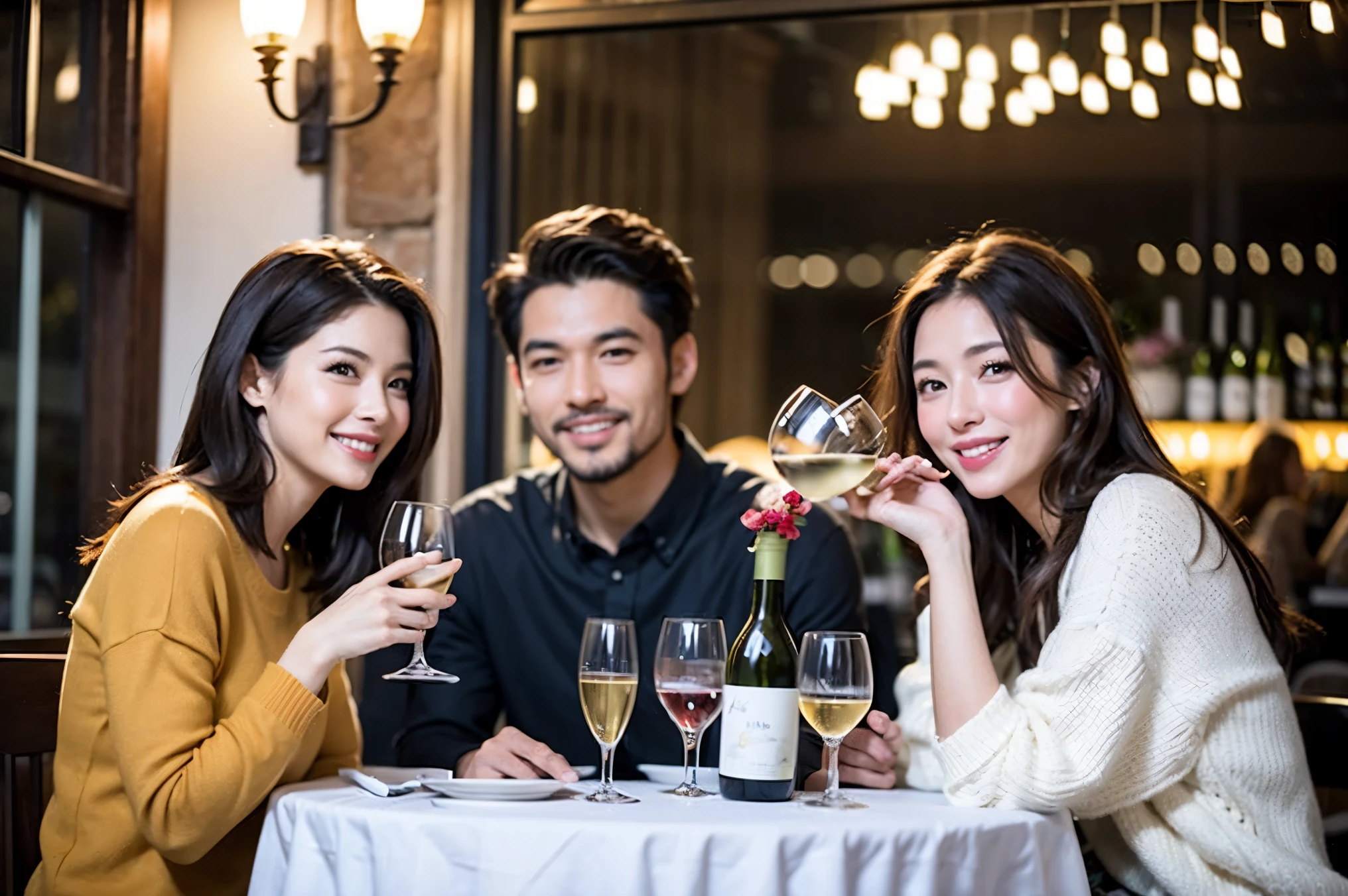 64k, UHD, highest quality, masterpiece: 1.2), (realistic, photorealistic: 1.37), Super detailed, celebration party、beauty、charming、beautiful mature woman、3 women who love wine、three men、champagne、Sparkling wine、winter night、restaurantでワイン宴会、(slimな男女4名),(Wine party for 5 people)、(slimフェイス),Happy、 最高なsmile、Fox Face、Raccoon face、Berry Short、(because I&#39;thin), (brown hair), (shortcut), long sleeve shirt、winter fashion、Colombia、Brazilian、Japanese、Dutch、German、Portuguese、Belgian、Italian、french, (gushing), (slimボティ), (brown hair), (shortcut), 端正なbeauty、cheeks blush a little, (41 years old), 38 years old, 35 years old、32 years old、 43 years old、A beautiful and detailed night view spreads out outside the window....., restaurant, wine glassが座っている, At night, in a prominent place (from the Upper body) nova frog style, actress, model, Upper body, White wine, slim, wine glass, Very beautiful night view, wine glass Put in the Middle, Happy smile, (smile: 1.15), 