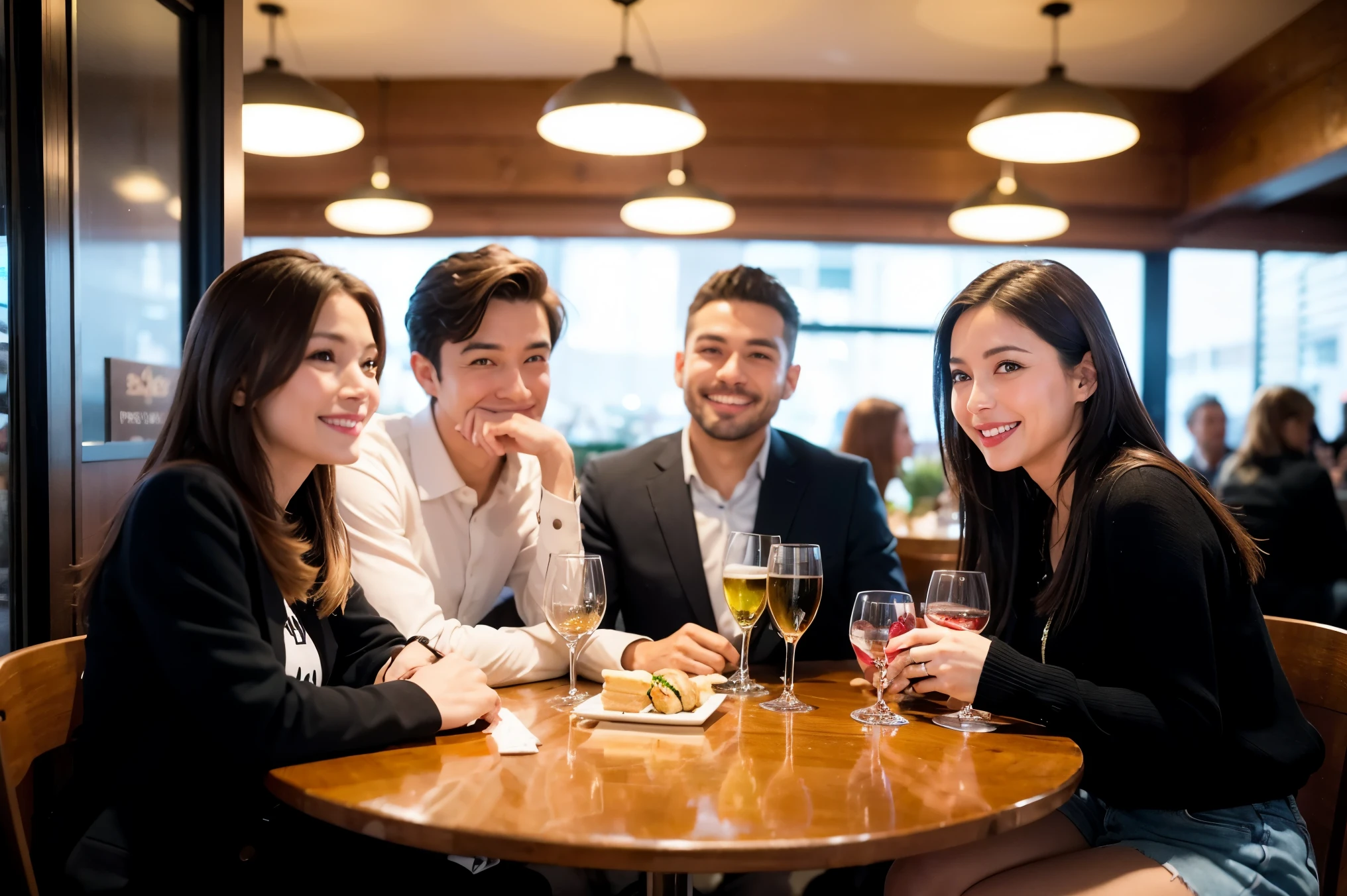 64k, UHD, highest quality, masterpiece: 1.2), (realistic, photorealistic: 1.37), Super detailed, celebration party、beauty、charming、beautiful mature woman、3 women who love wine、three men、champagne、Sparkling wine、winter night、restaurantでワイン宴会、(slimな男女4名),(Wine party for 5 people)、(slimフェイス),Happy、 最高なsmile、Fox Face、Raccoon face、Berry Short、(because I'thin), (brown hair), (shortcut), long sleeve shirt、winter fashion、Colombia、Brazilian、Japanese、Dutch、German、Portuguese、Belgian、Italian、french, (gushing), (slimボティ), (brown hair), (shortcut), 端正なbeauty、cheeks blush a little, (41 years old), 38 years old, 35 years old、32 years old、 43 years old、A beautiful and detailed night view spreads out outside the window....., restaurant, wine glassが座っている, At night, in a prominent place (from the Upper body) nova frog style, actress, model, Upper body, White wine, slim, wine glass, Very beautiful night view, wine glass Put in the Middle, Happy smile, (smile: 1.15),