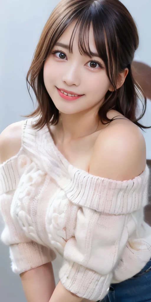 table top, highest quality, 
super detailed, finely, High resolution, In 8K,
((Photoreal:1.4, Raw photo, Super high resolution,best image quality: 1.4)),
wallpaper, 
((Perfect whole body composition 1.5)), 
beautiful and fine eyes, natural color lip,
((穏やかなsmile:1.5)),
((random cute hairstyles)), 
((pretty big breasts:1.2)),
((from the front:1.5)),
((brain out、under the eyes、brain out、mole on arm:0.9)),
((random blurred background)),
((Random and cute expressions)),, 
Highly detailed and professional lighting、
perfect dynamic composition, beautiful and fine eyes,((leaning forward)), ((off shoulder knit sweater:1.6)),((micro mini skirt:1,5)),((smile,Harajuku)),((sexy shot looking at camera))