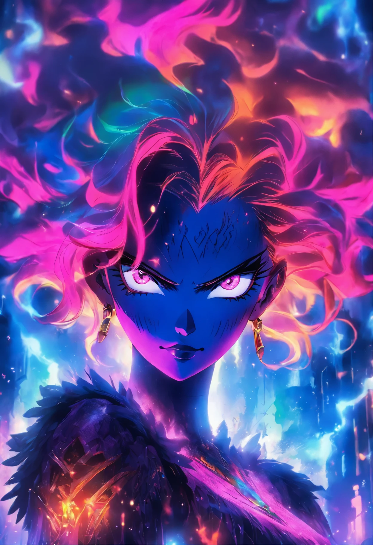 A portrait of a beautiful Queen Mab Mab, perfect body, moon reflecting off face, rainbow hair, Apocalyptic, Viktor Miller, Kyle Lambert, Charlie Davis, divine proportion, ink, artwork, Royo, cinematic, 16k, sharp focus emitting diodes smoke sparks artstation hyper realism painting concept art of detailed character design matte painting, devil smile