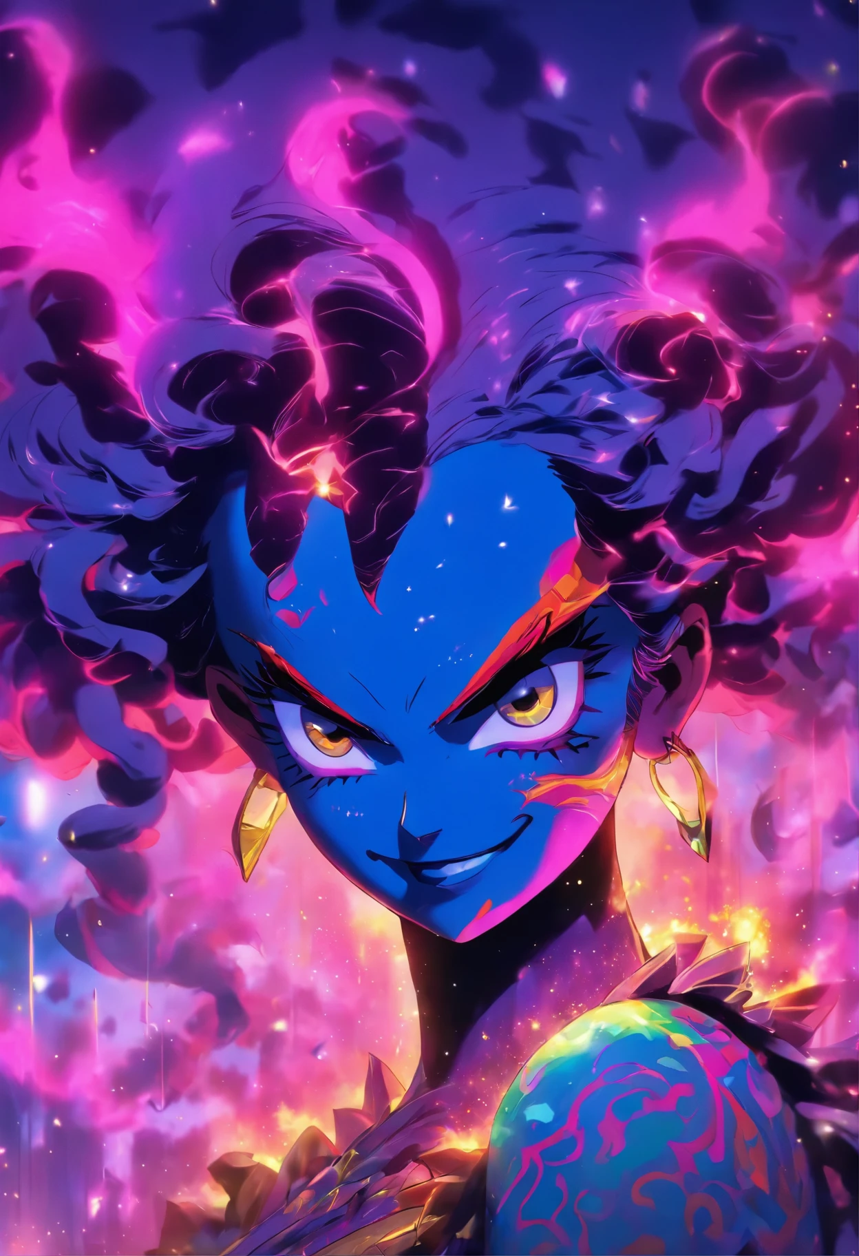 A portrait of a beautiful Queen Mab Mab, perfect body, moon reflecting off face, rainbow hair, Apocalyptic, Viktor Miller, Kyle Lambert, Charlie Davis, divine proportion, ink, artwork, Royo, cinematic, 16k, sharp focus emitting diodes smoke sparks artstation hyper realism painting concept art of detailed character design matte painting, devil smile