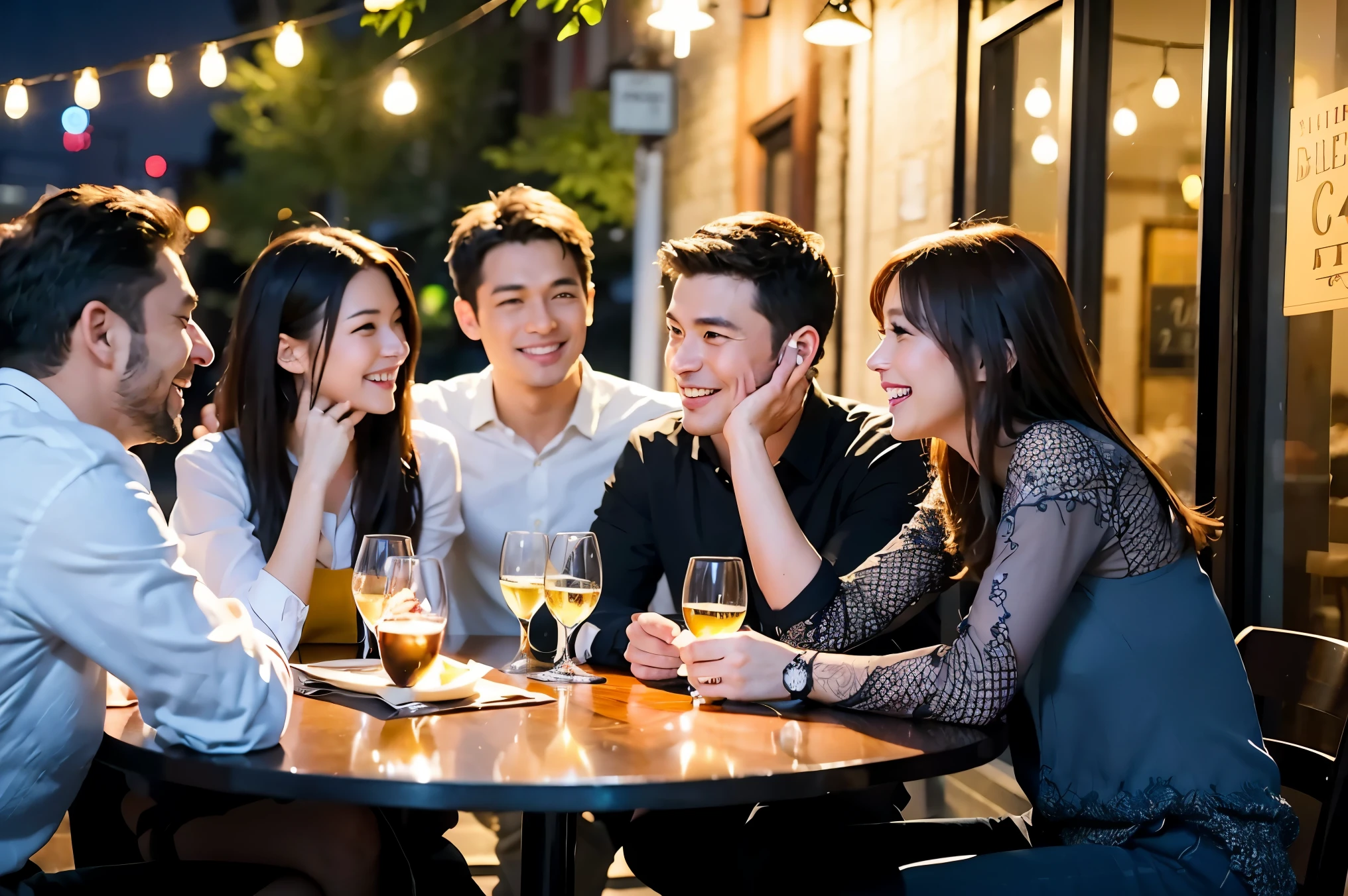 64k, UHD, highest quality, masterpiece: 1.2), (realistic, photorealistic: 1.37), Super detailed, celebration party、beauty、charming、beautiful mature woman、3 women who love wine、three men、champagne、Sparkling wine、winter night、restaurantでワイン宴会、(slimな男女4名),(Wine party for 5 people)、(slimフェイス),Happy、 最高なsmile、Fox Face、Berry Short、(because I'thin), (brown hair), (shortcut), long sleeve shirt、winter fashion、Japanese、Dutch、German、Portuguese、Belgian、Italian、french, (gushing), (slimボティ), (brown hair), (shortcut), 端正なbeauty、cheeks blush a little, (34 years old), 38 years old,32 years old、40 years old、29yo、 A beautiful and detailed night view spreads out outside the window....., restaurant, wine glassが座っている, At night, in a prominent place (from the Upper body) nova frog style, actress, model, Upper body, White wine, slim, wine glass, Very beautiful night view, wine glass Put in the Middle, Happy smile, (smile: 1.15),