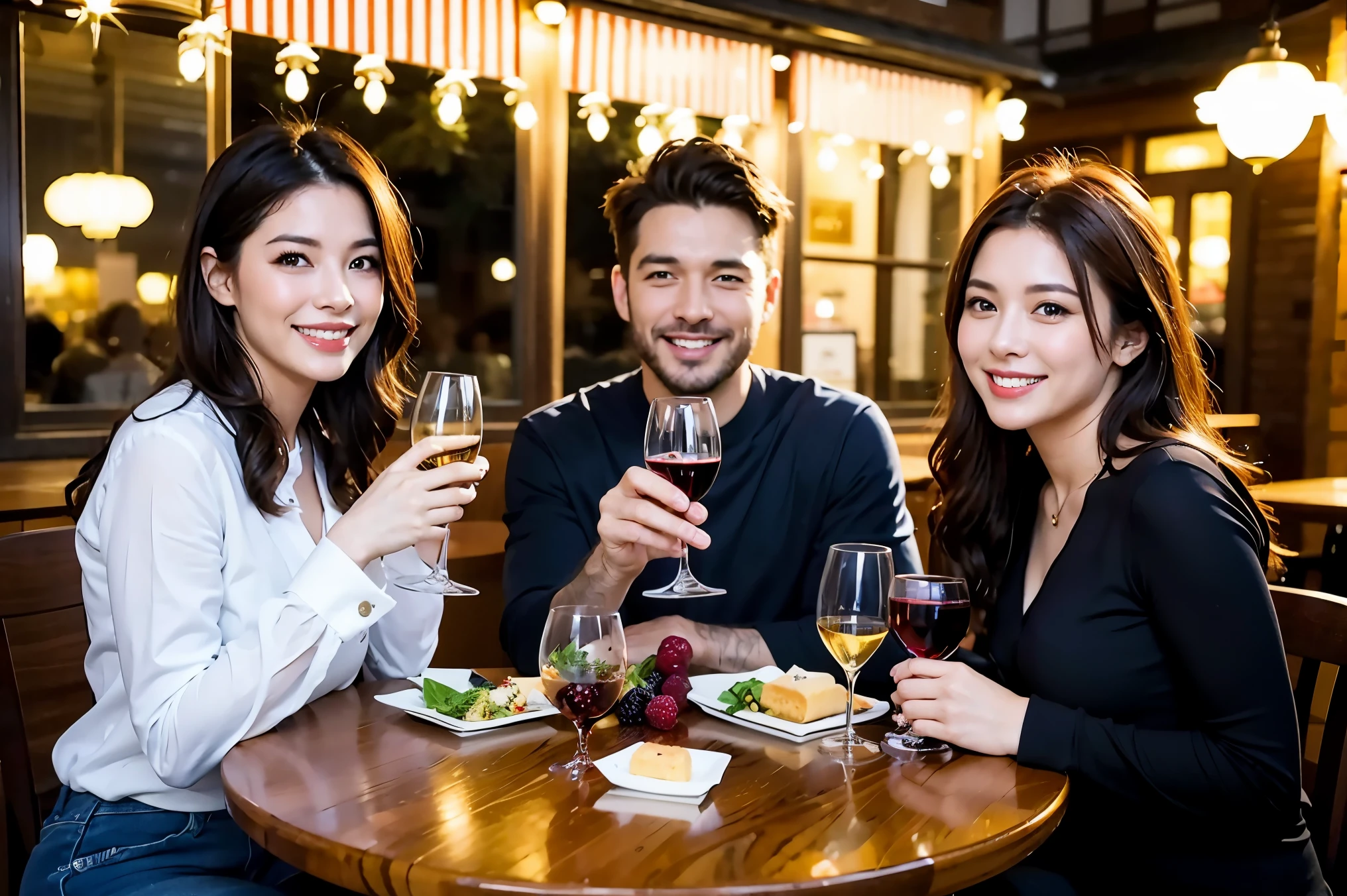k, UHD, highest quality, masterpiece: 1.2), (realistic, photorealistic: 1.37), Super detailed, celebration paeauty、charming、beautiful mature 3 women who love wine、three men、champagne、Sparkling wine、winter night、restaurantでワイン宴会、(slimな男女4名),(Wine party for 5 p)、(slimフェイス),Happy、 最高なsmile、Fox Face、Berry Short、(because I'thin), (brown hair), (shortcut), long sleeve shirt、winter fashion、Japanese、Dutch、German、Portuguese、Belgian、Italian、french, (gushing), (slimボティ), (brown hair), (shortcut), 端正なbeauty、cheeks blush a little, (34 years old), 38 years old,32 years old、40 years old、29yo、 A beautiful and detailed night view spreads out outside the window....., restaurant, wine glassが座っている, At night, in a prominent place (from the Upper body) nova frog style, actress, model, Upper body, White wine, slim, wine glass, Very beautiful night view, wine glass Put in the Middle, Happy smile, (smile: 1.15),