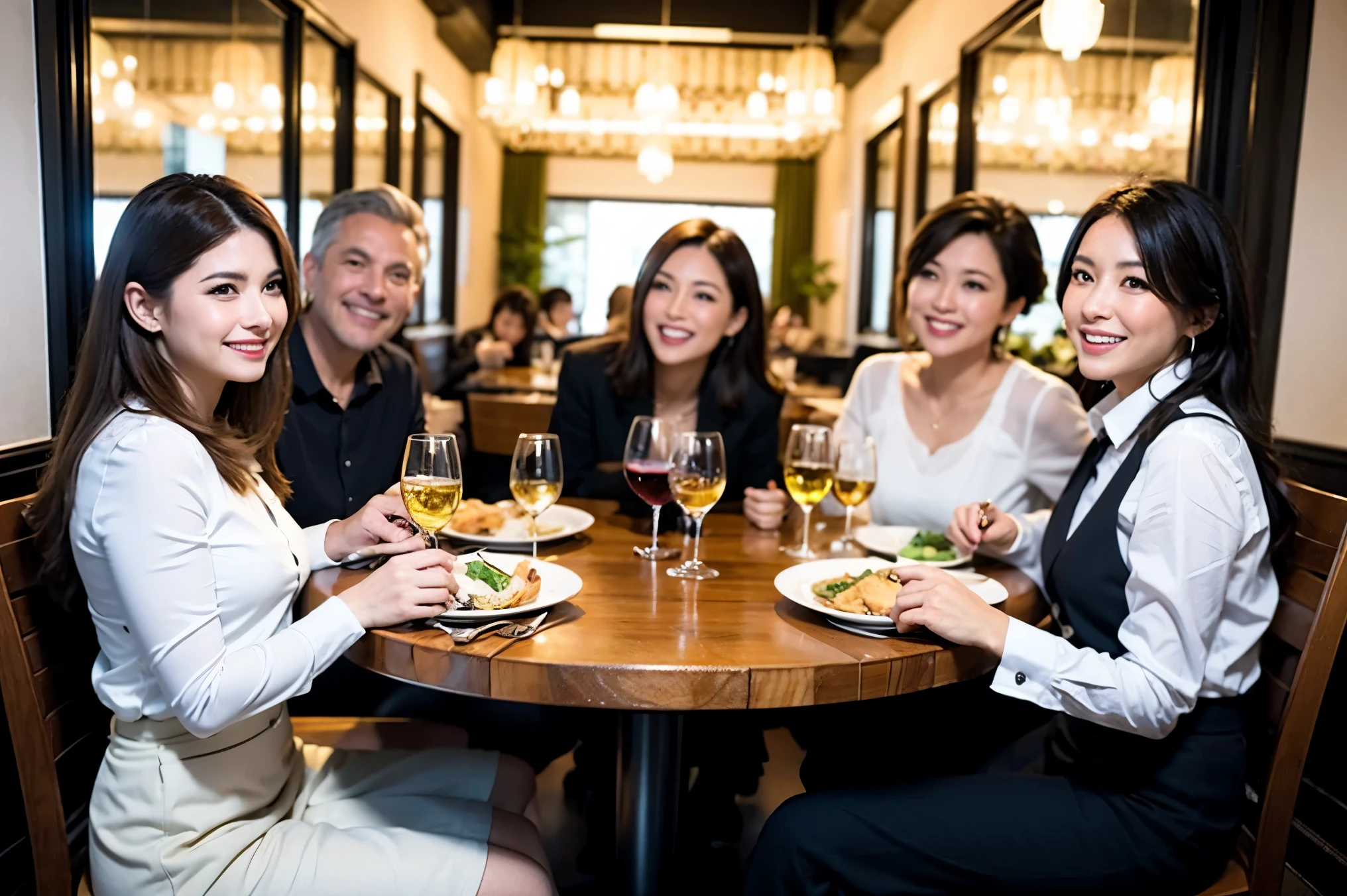 64k, UHD, highest quality, masterpiece: 1.2), (realistic, photorealistic: 1.37), Super detailed, celebration party、beauty、charming、beautiful mature woman、3 women who love wine、three men、champagne、Sparkling wine、winter night、restaurantでワイン宴会、(slimな男女4名),(Wine party for 5 people)、(slimフェイス),Happy、 最高なsmile、Fox Face、Raccoon face、Berry Short、(because I'thin), (brown hair), (shortcut), long sleeve shirt、winter fashion、Colombia、Brazilian、Japanese、Dutch、German、Portuguese、Belgian、Italian、french, (gushing), (slimボティ), (brown hair), (shortcut), 端正なbeauty、cheeks blush a little, (41 years old), 38 years old, 35 years old、32 years old、 A beautiful and detailed night view spreads out outside the window......, restaurant, wine glassが座っている, At night, in a prominent place (from the Upper body) nova frog style, actress, model, Upper body, White wine, slim, wine glass, Very beautiful night view, wine glass Put in the Middle, Happy smile, (smile: 1.15),