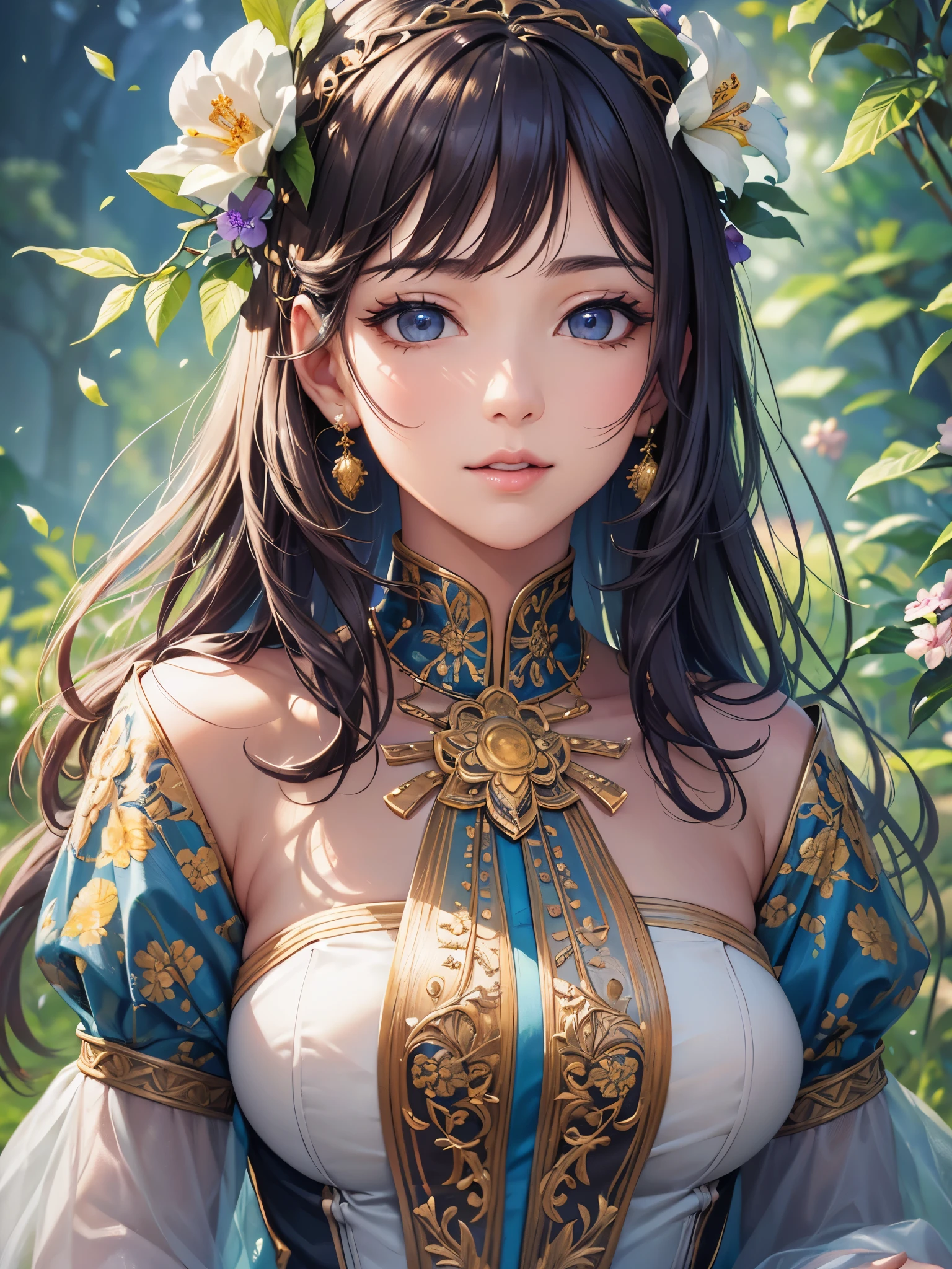 ((highest quality)),(ultra high resolution),(Super detailed),(detailed description),((best CG)),(best work of art),super precision art,great drawing art,(Fantasy art with precise details:1.5), (1 woman:1.6),(beautiful and well-shaped face:1.5),smile:1.7,(A dress with extremely detailed and detailed flowers.:1.6),accessories:1.5, Warm sunshine,breeze,birdie,Small animals