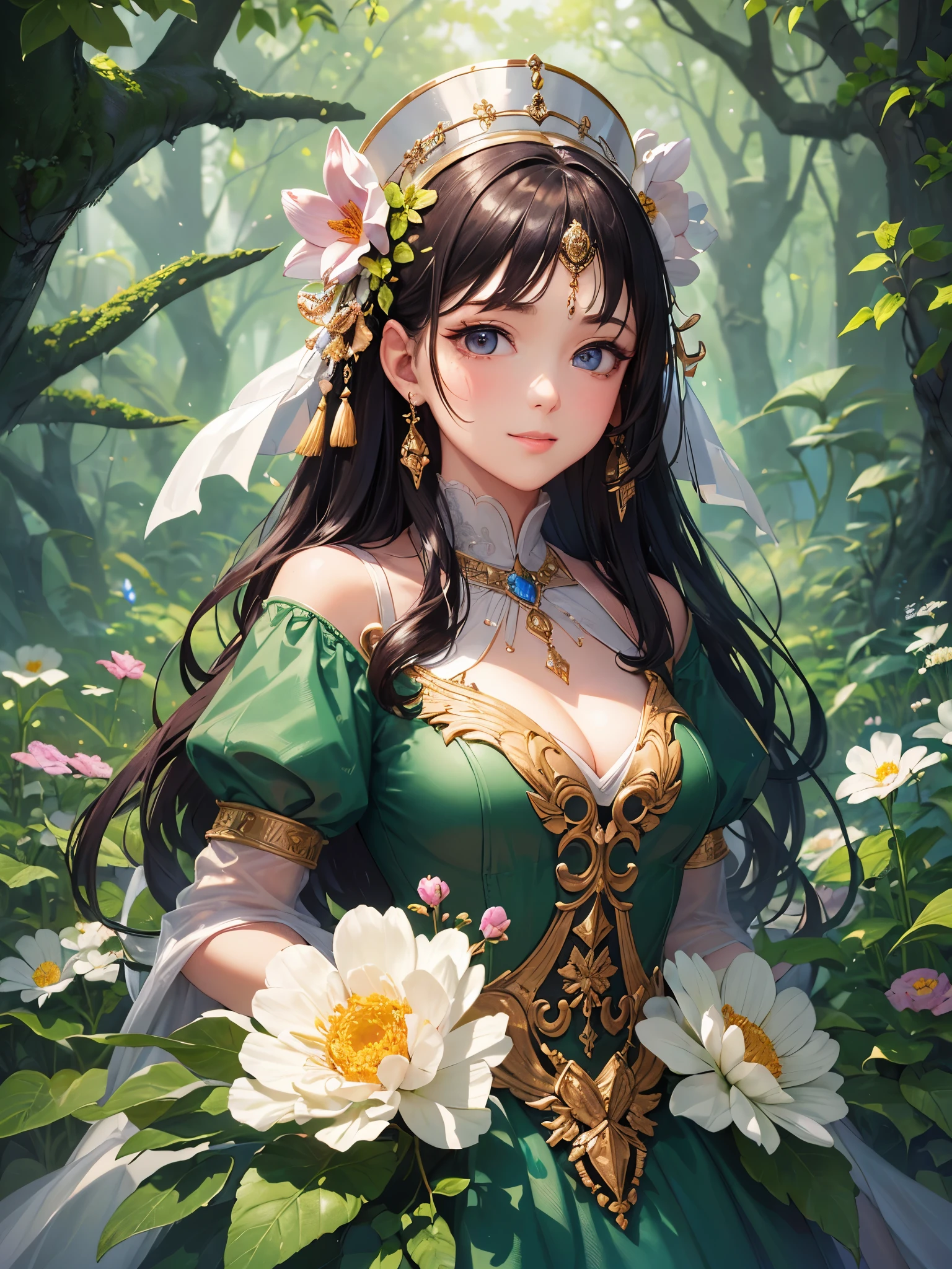 ((highest quality)),(ultra high resolution),(Super detailed),(detailed description),((best CG)),(best work of art),super precision art,great drawing art,(Fantasy art with precise details:1.5), (1 woman:1.6),(beautiful and well-shaped face:1.5),smile:1.7,(A dress with extremely detailed and detailed flowers.:1.6),accessories:1.5, Warm sunshine,breeze,birdie,Small animals