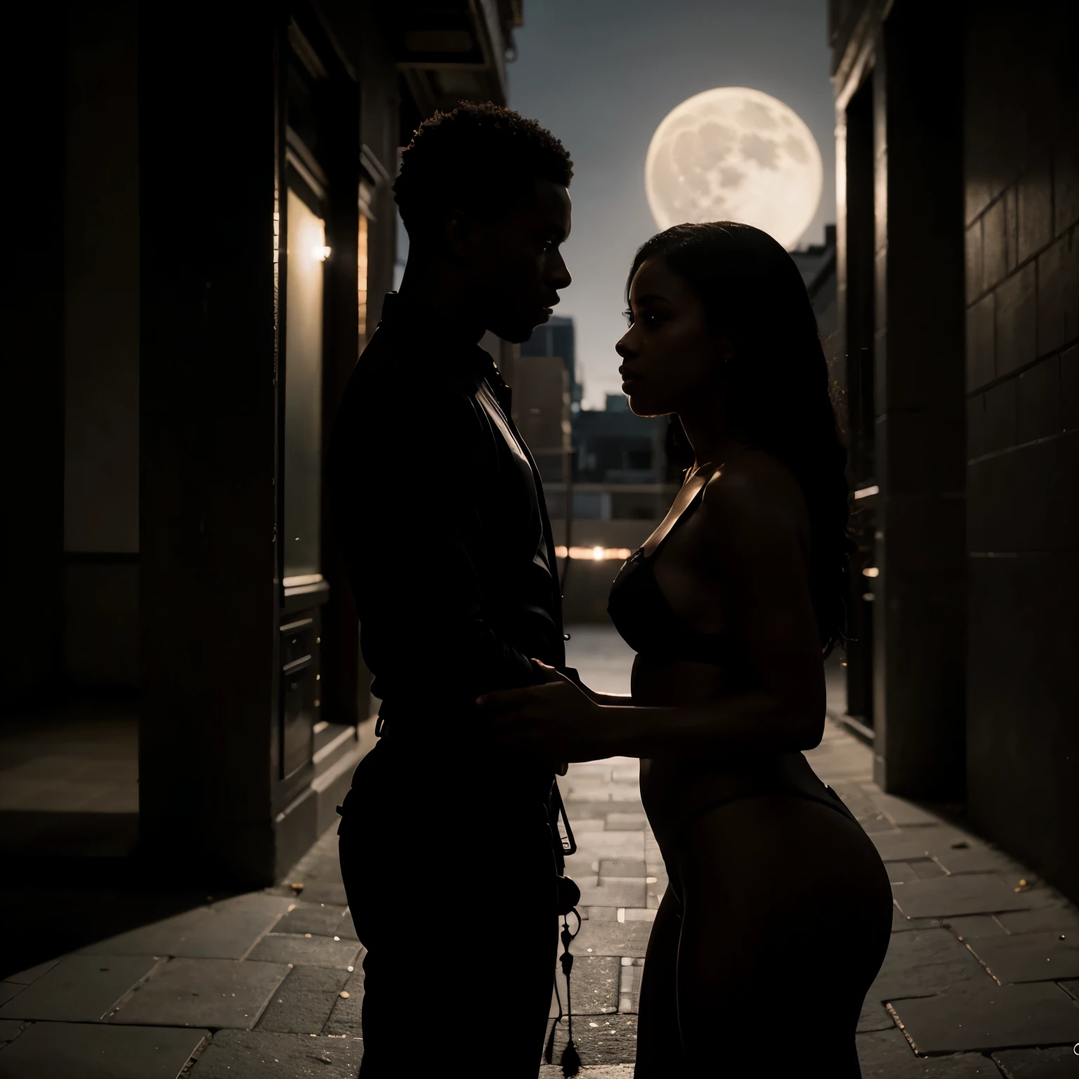 Side silhouette under streetlight, Beautiful couple of a black man and black woman, on a date outside the balcony, full moon beside them, shadow high contrast,  movie lighting, Enigmatic Atmosphere, theatrical shadow,  Artistic medium: painting [The color is black, theatrical, high contrast], best quality, Super detailed, Realistic style, Monochromatic color palette, Moody light, Chiaroscuro effect, Intricate shadows, superb brushwork