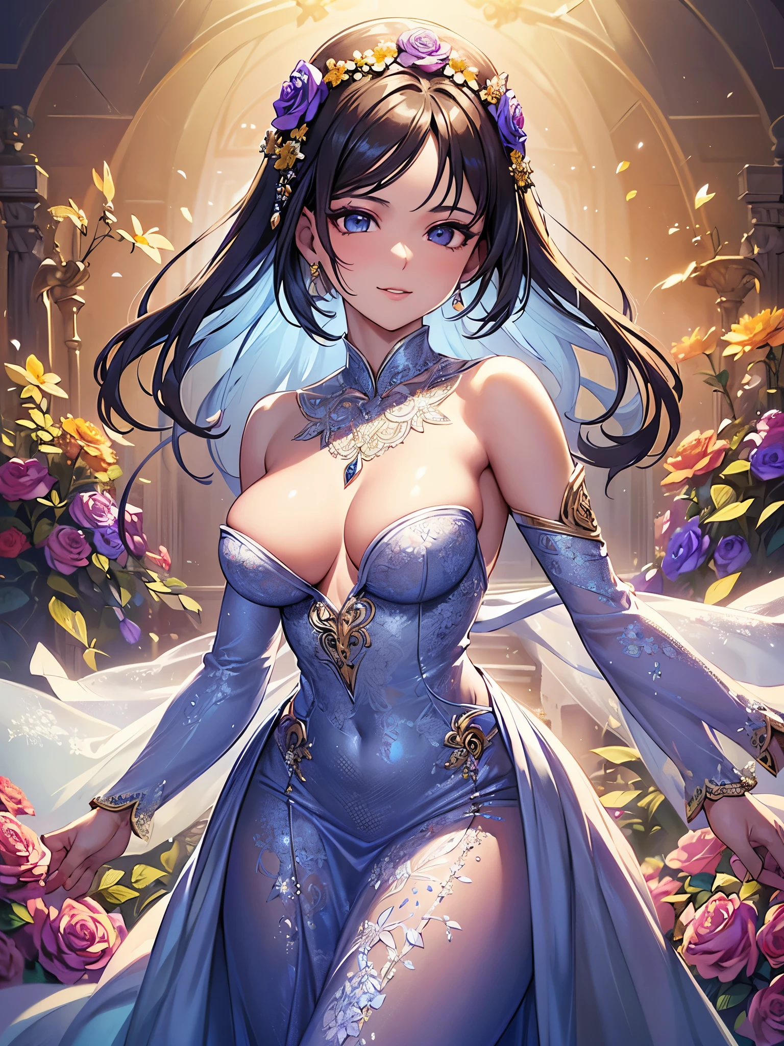((highest quality)),(ultra high resolution),(Super detailed),(detailed description),((best CG)),(best work of art),super precision art,great drawing art,(Fantasy art with precise details:1.5), (1 woman:1.6),(beautiful and well-shaped face:1.5),smile:1.7,(A dress with extremely detailed and detailed flowers.:1.6),accessories:1.5, Warm sunshine,breeze,birdie,Small animals