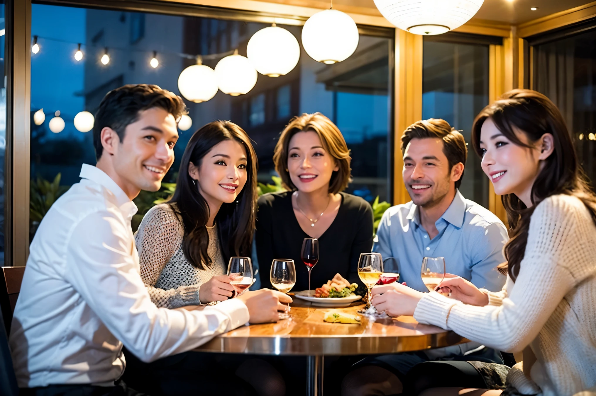 64k, UHD, highest quality, masterpiece: 1.2), (realistic, photorealistic: 1.37), Super detailed, celebration party、beauty、charming、beautiful mature woman、3 women who love wine、three men、champagne、Sparkling wine、winter night、restaurantでワイン宴会、(slimな男女4名),(Wine party for 5 people)、(slimフェイス),Happy、 最高なsmile、Fox Face、Raccoon face、Berry Short、(because I'thin), (brown hair), (shortcut), long sleeve shirt、winter fashion、Colombia、Brazilian、Japanese、Dutch、German、Portuguese、Belgian、Italian、french, (gushing), (slimボティ), (brown hair), (shortcut), 端正なbeauty、cheeks blush a little, (41 years old), 38 years old, 35 years old、32 years old、 A beautiful and detailed night view spreads out outside the window......, restaurant, wine glassが座っている, At night, in a prominent place (from the Upper body) nova frog style, actress, model, Upper body, White wine, slim, wine glass, Very beautiful night view, wine glass Put in the Middle, Happy smile, (smile: 1.15),