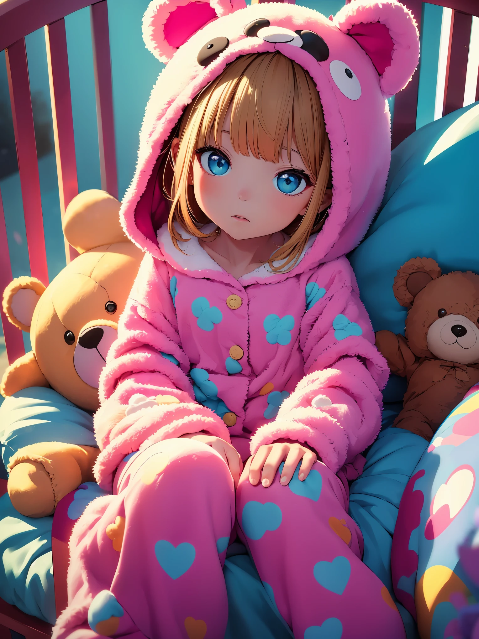 (8K, RAW photo, 最high quality, masterpiece:1.2), High-definition RAW color photo, Professional photo shoot, cinematic light, alone, ((1 , young gireeping in a crib)), (detailed expression), full body shot, (((Bear costume, Costume pajamas)))beautiful skin, shiny skin, perfect fingers, five fingers, anatomically correct, background bokeh, high quality, surreal, bright colors, ((very detailed, photo shoot)),