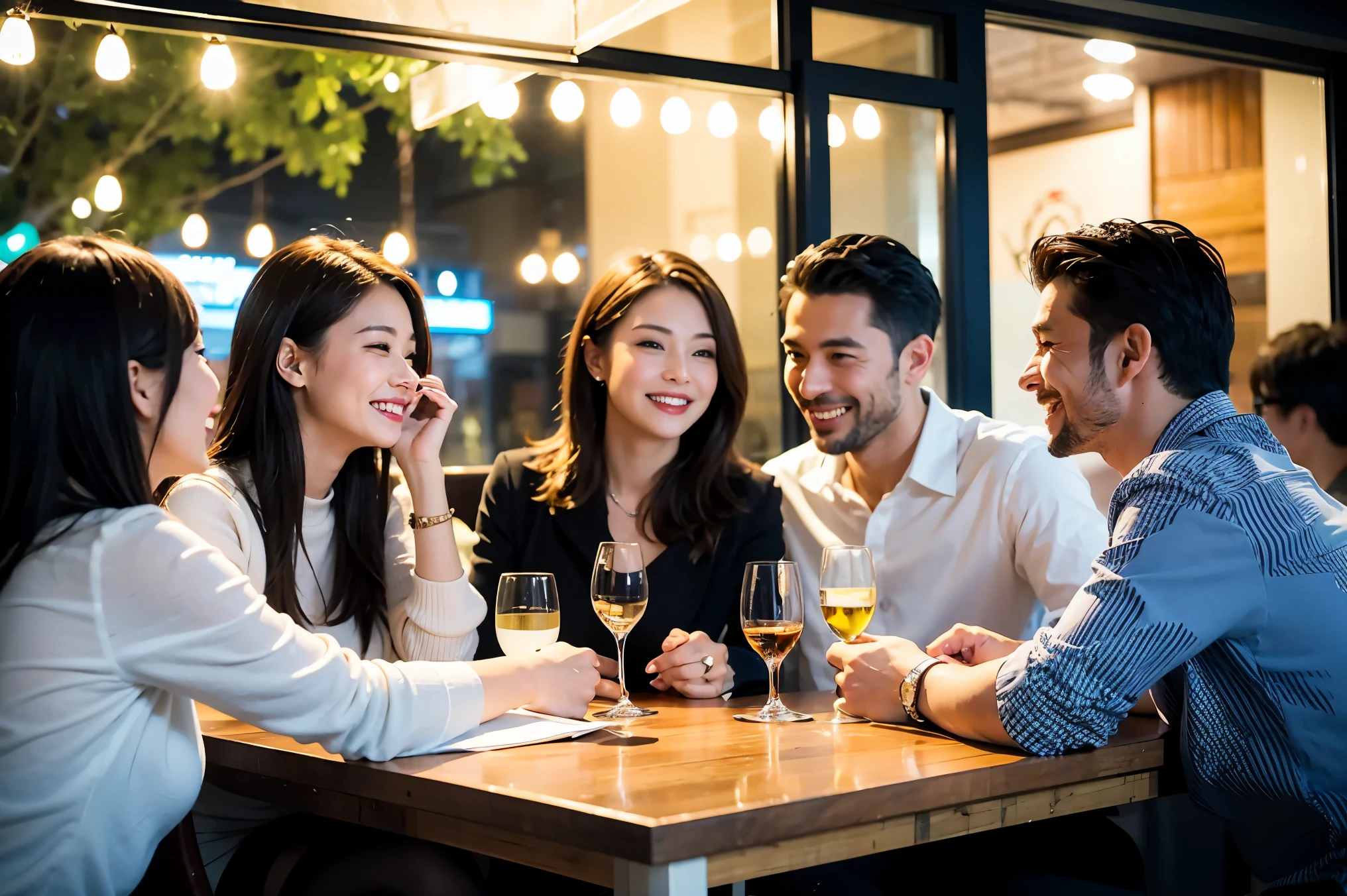 64k, UHD, highest quality, masterpiece: 1.2), (realistic, photorealistic: 1.37), Super detailed, celebration party、beauty、charming、beautiful mature woman、3 women who love wine、three men、champagne、Sparkling wine、winter night、restaurantでワイン宴会、(slimな男女4名),(Wine party for 5 people)、(slimフェイス),Happy、 最高なsmile、Fox Face、Berry Short、(because I'thin), (brown hair), (shortcut), long sleeve shirt、winter fashion、Japanese、Dutch、German、Portuguese、Belgian、Italian、french, (gushing), (slimボティ), (brown hair), (shortcut), 端正なbeauty、cheeks blush a little, (34 years old), 38 years old,32 years old、40 years old、29yo、 A beautiful and detailed night view spreads out outside the window....., restaurant, wine glassが座っている, At night, in a prominent place (from the Upper body) nova frog style, actress, model, Upper body, White wine, slim, wine glass, Very beautiful night view, wine glass Put in the Middle, Happy smile, (smile: 1.15),