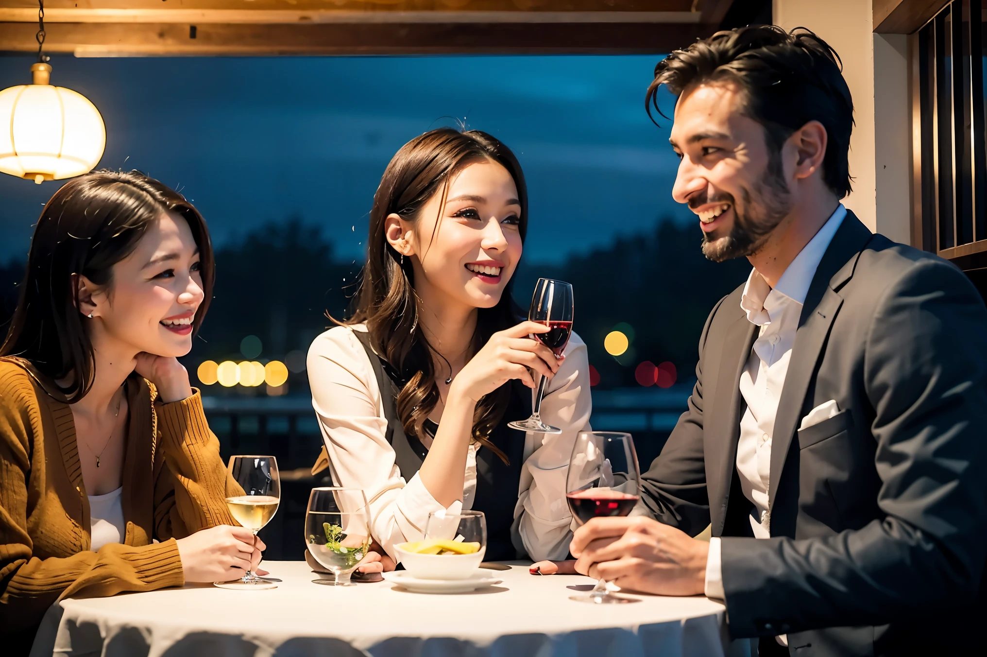64k, UHD, highest quality, masterpiece: 1.2), (realistic, photorealistic: 1.37), Super detailed, celebration party、beauty、charming、beautiful mature woman、3 women who love wine、three men、champagne、Sparkling wine、winter night、restaurantでワイン宴会、(slimな男女4名),(Wine party for 5 people)、(slimフェイス),Happy、 最高なsmile、Fox Face、Berry Short、(because I&#39;thin), (brown hair), (shortcut), long sleeve shirt、winter fashion、Japanese、Dutch、German、Portuguese、Belgian、Italian、french, (gushing), (slimボティ), (brown hair), (shortcut), 端正なbeauty、cheeks blush a little, (34 years old), 38 years old,32 years old、40 years old、29yo、 A beautiful and detailed night view spreads out outside the window....., restaurant, wine glassが座っている, At night, in a prominent place (from the Upper body) nova frog style, actress, model, Upper body, White wine, slim, wine glass, Very beautiful night view, wine glass Put in the Middle, Happy smile, (smile: 1.15), 