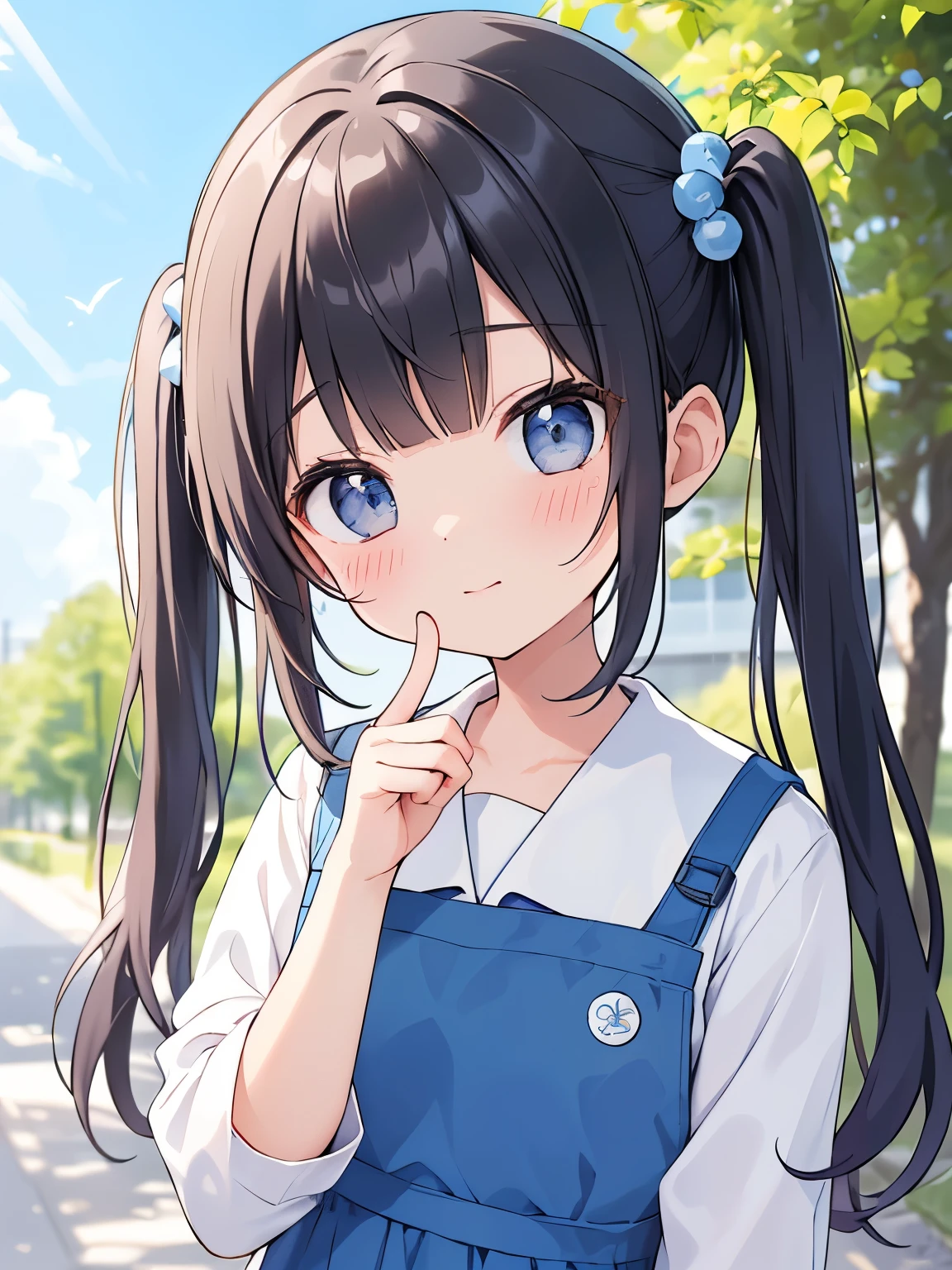 {{{masterpiece}}}, {{{highest quality}}},(、5 、short twin tails 、kindergarten uniform smock、high contract、best lighting、most detailed、blue sky、outdoor、cinematic angle、