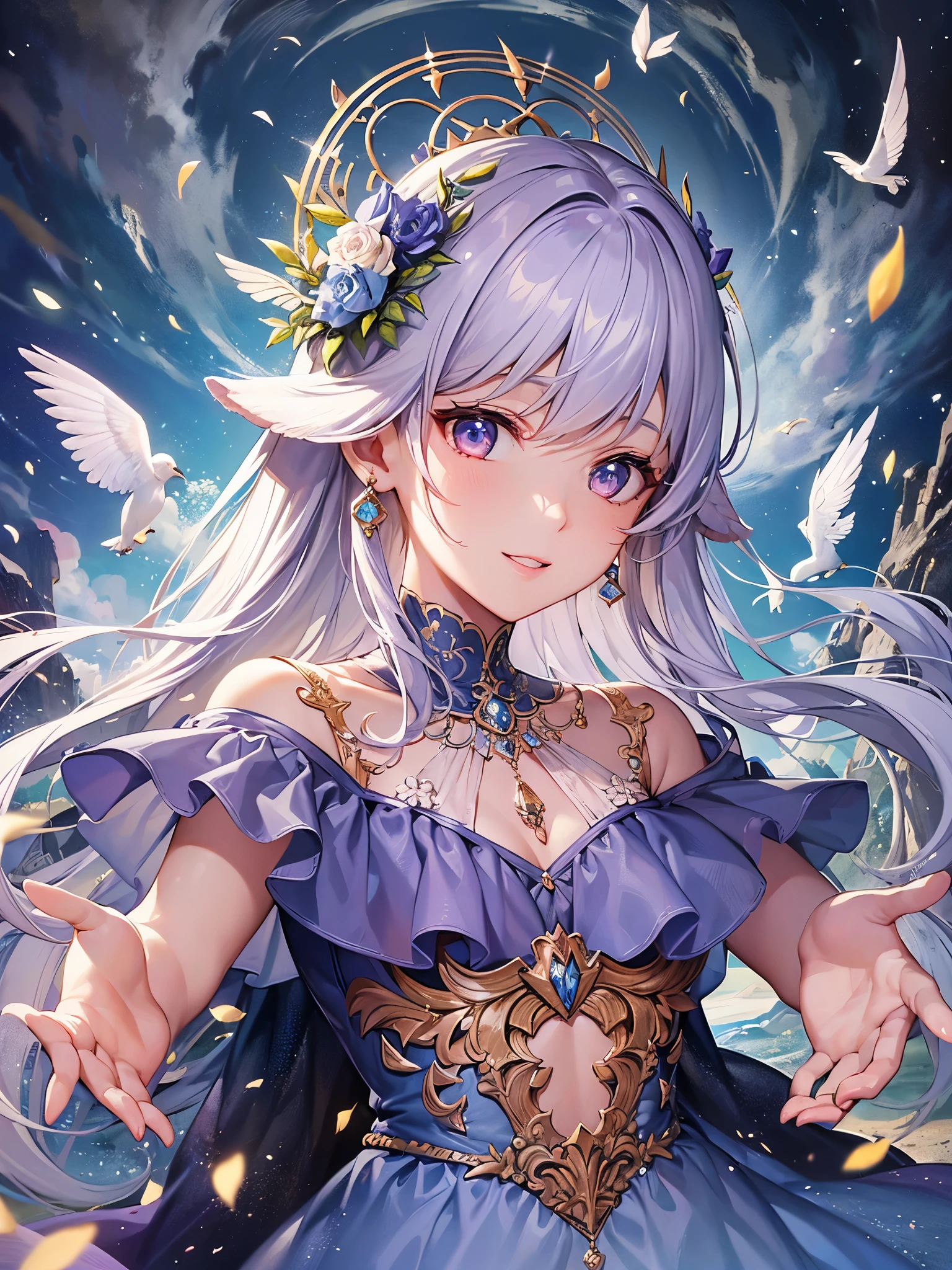 ((highest quality)),(ultra high resolution),(Super detailed),(detailed description),((best CG)),(best work of art),super precision art,great drawing art,(Fantasy art with precise details:1.5), (1 woman:1.6),(beautiful and well-shaped face:1.5),smile:1.7,(A dress with extremely detailed and detailed flowers.:1.6,Circular skirt:1.3),accessories:1.5, Warm sunshine,breeze,birdie,Small animals