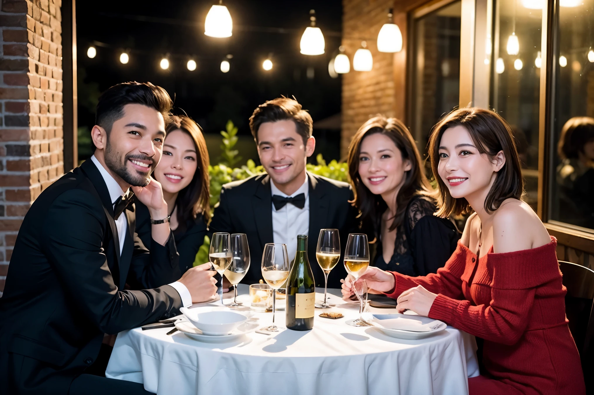 64k, UHD, highest quality, masterpiece: 1.2), (realistic, photorealistic: 1.37), Super detailed, celebration party、beauty、charming、beautiful mature woman、3 women who love wine、three men、champagne、Sparkling wine、winter night、restaurantでワイン宴会、(slimな男女4名),(Wine party for 5 people)、(slimフェイス),Happy、 最高なsmile、Fox Face、Raccoon face、Berry Short、(because I&#39;thin), (brown hair), (shortcut), long sleeve shirt、winter fashion、Colombia、Brazilian、Japanese、Dutch、German、Portuguese、Belgian、Italian、french, (gushing), (slimボティ), (brown hair), (shortcut), 端正なbeauty、cheeks blush a little, (41 years old), 38 years old, 35 years old、32 years old、 43 years old、A beautiful and detailed night view spreads out outside the window....., restaurant, wine glassが座っている, At night, in a prominent place (from the Upper body) nova frog style, actress, model, Upper body, White wine, slim, wine glass, Very beautiful night view, wine glass Put in the Middle, Happy smile, (smile: 1.15), 