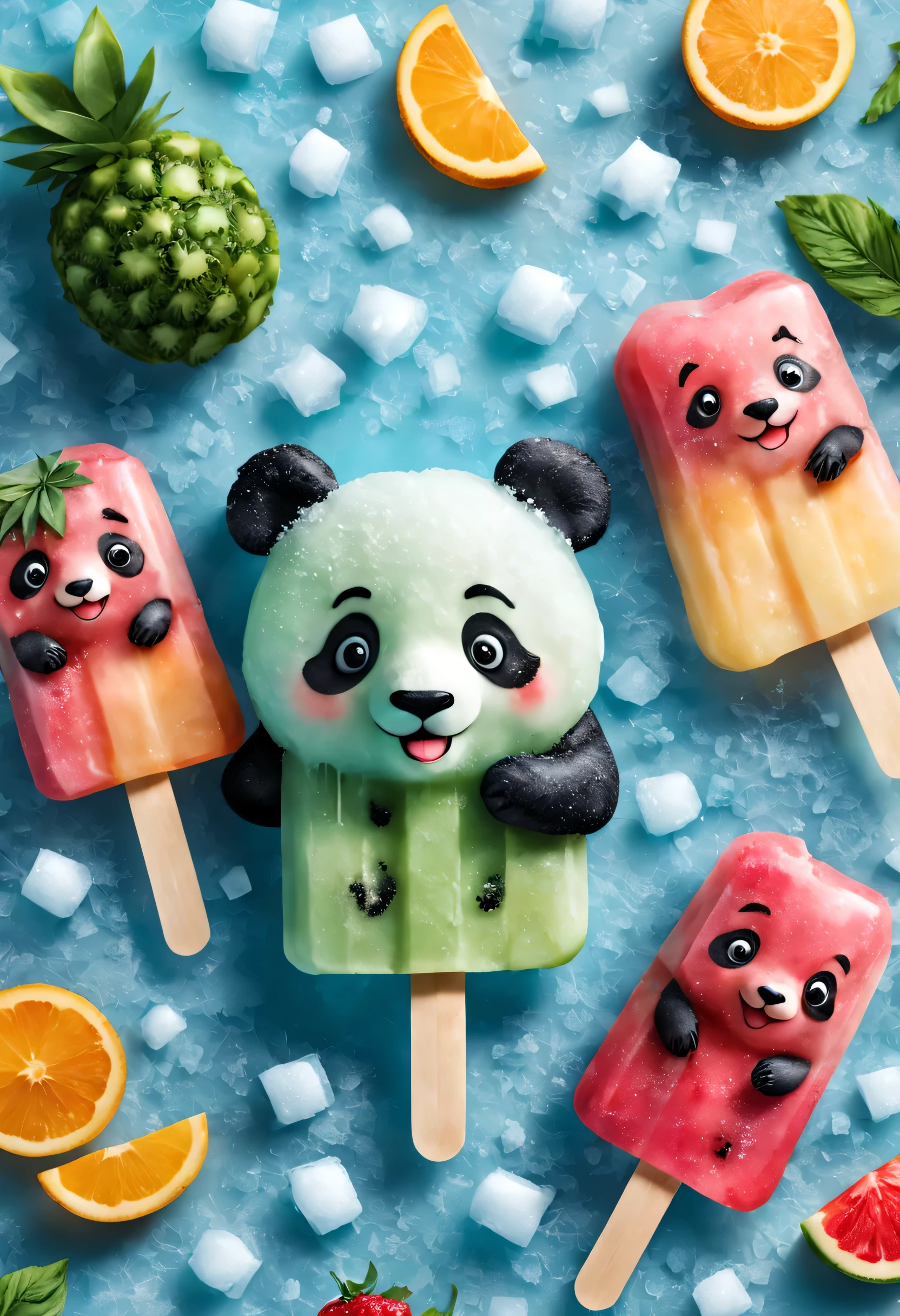 Cartoon Panda Fruit Popsicle，Cute creative popsicles，frozen texture,snow,ice cold,cold,Crystal ice,summer,Delicious fruits,color layout,Crushed ice,Refreshing
