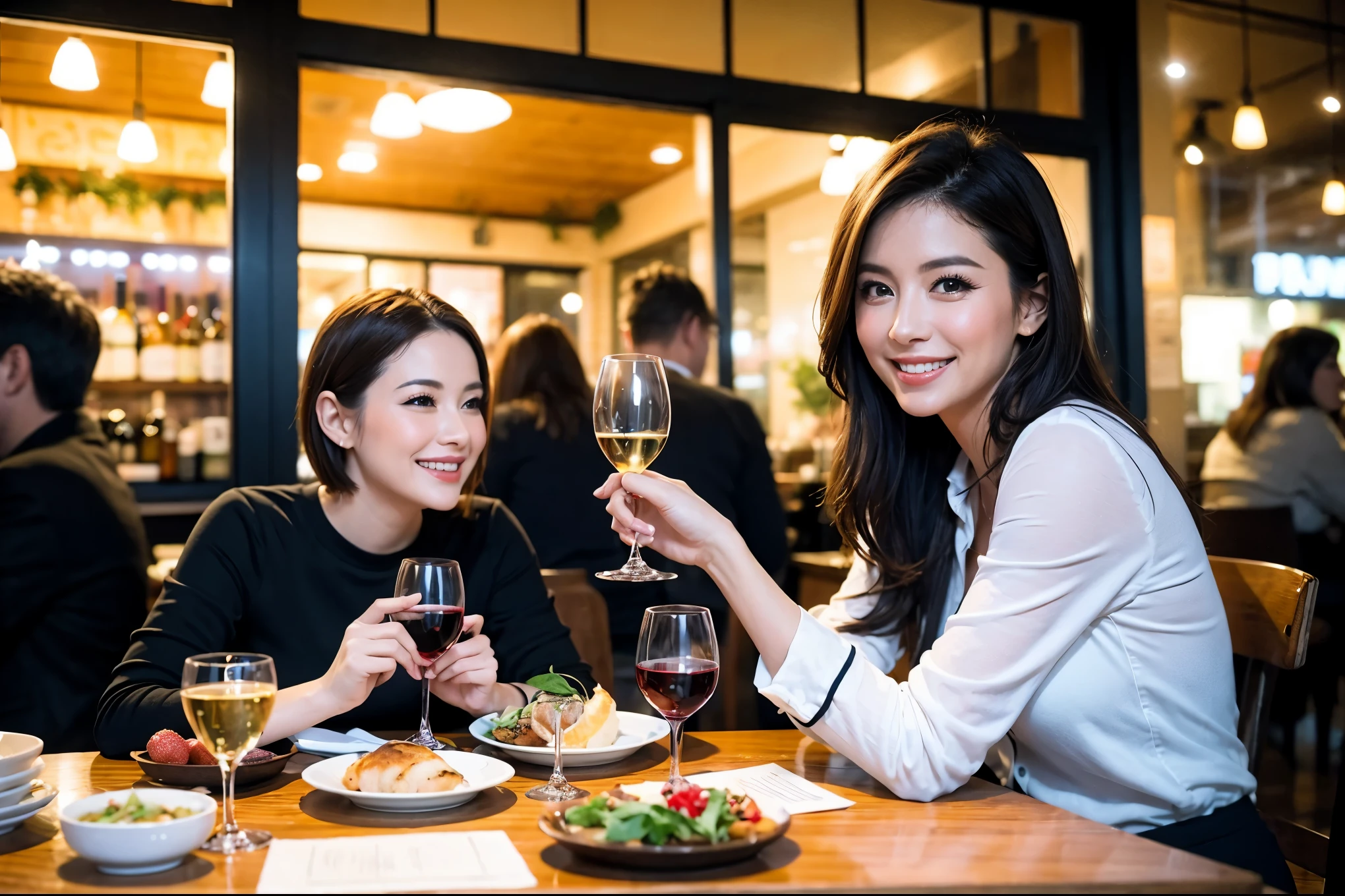 64k, UHD, highest quality, masterpiece: 1.2), (realistic, photorealistic: 1.37), Super detailed, celebration party、beauty、charming、beautiful mature woman、3 women who love wine、three men、champagne、Sparkling wine、winter night、restaurantでワイン宴会、(slimな男女4名),(Wine party for 5 people)、(slimフェイス),Happy、 最高なsmile、Fox Face、Berry Short、(because I&#39;thin), (brown hair), (shortcut), long sleeve shirt、winter fashion、Colombia、Brazilian、Japanese、Dutch、German、Portuguese、Belgian、Italian、french, (gushing), (slimボティ), (brown hair), (shortcut), 端正なbeauty、cheeks blush a little, (41 years old), 38 years old, 35 years old、32 years old、 A beautiful and detailed night view spreads out outside the window......, restaurant, wine glassが座っている, At night, in a prominent place (from the Upper body) nova frog style, actress, model, Upper body, White wine, slim, wine glass, Very beautiful night view, wine glass Put in the Middle, Happy smile, (smile: 1.15), 