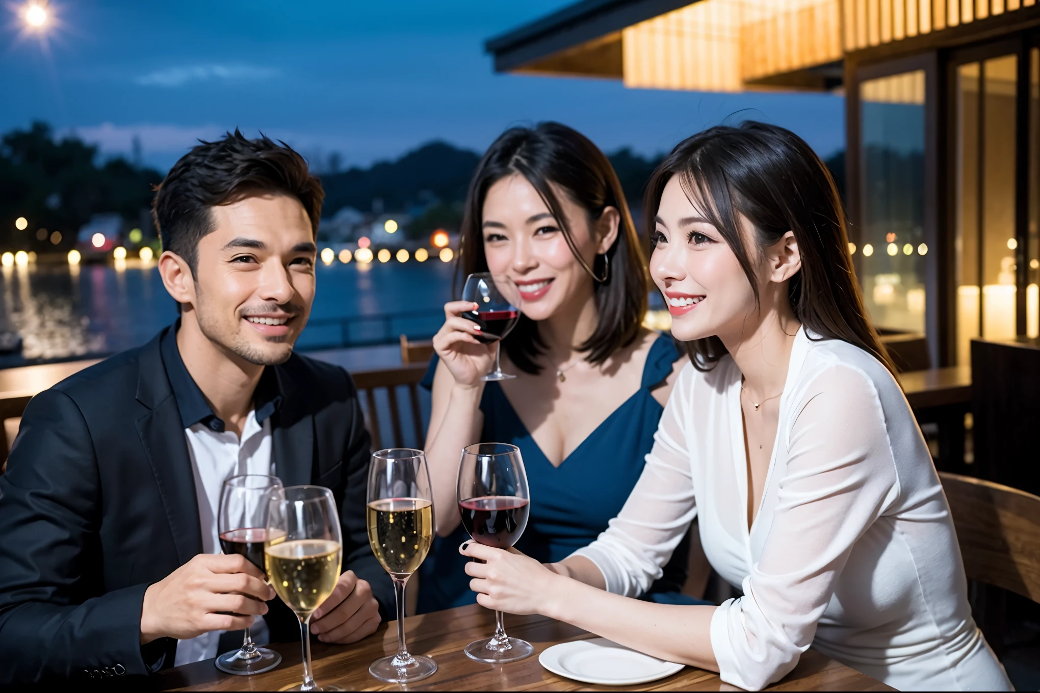 64k, UHD, highest quality, masterpiece: 1.2), (realistic, photorealistic: 1.37), Super detailed, celebration party、beauty、charming、beautiful mature woman、3 women who love wine、three men、champagne、Sparkling wine、winter night、restaurantでワイン宴会、(slimな男女4名),(Wine party for 5 people)、(slimフェイス),Happy、 最高なsmile、Fox Face、Berry Short、(because I&#39;thin), (brown hair), (shortcut), long sleeve shirt、winter fashion、Colombia、Brazilian、Japanese、Dutch、German、Portuguese、Belgian、Italian、french, (gushing), (slimボティ), (brown hair), (shortcut), 端正なbeauty、cheeks blush a little, (41 years old), 38 years old, 35 years old、32 years old、 A beautiful and detailed night view spreads out outside the window......, restaurant, wine glassが座っている, At night, in a prominent place (from the Upper body) nova frog style, actress, model, Upper body, White wine, slim, wine glass, Very beautiful night view, wine glass Put in the Middle, Happy smile, (smile: 1.15), 