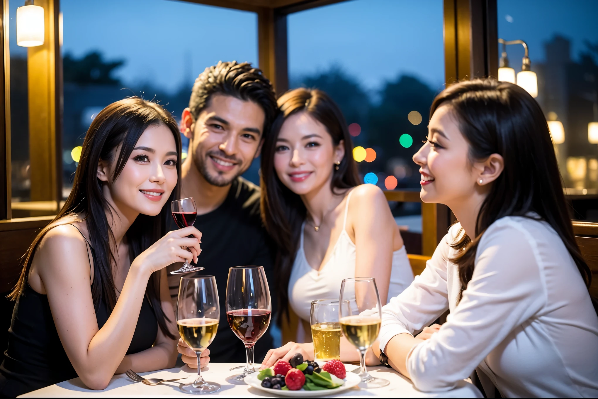 64k, UHD, highest quality, masterpiece: 1.2), (realistic, photorealistic: 1.37), Super detailed, celebration party、beauty、charming、beautiful mature woman、3 women who love wine、three men、champagne、Sparkling wine、winter night、restaurantでワイン宴会、(slimな男女4名),(Wine party for 5 people)、(slimフェイス),Happy、 最高なsmile、Fox Face、Berry Short、(because I'thin), (brown hair), (shortcut), long sleeve shirt、winter fashion、Colombia、Brazilian、Japanese、Dutch、German、Portuguese、Belgian、Italian、french, (gushing), (slimボティ), (brown hair), (shortcut), 端正なbeauty、cheeks blush a little, (41 years old), 38 years old, 35 years old、32 years old、 A beautiful and detailed night view spreads out outside the window......, restaurant, wine glassが座っている, At night, in a prominent place (from the Upper body) nova frog style, actress, model, Upper body, White wine, slim, wine glass, Very beautiful night view, wine glass Put in the Middle, Happy smile, (smile: 1.15),