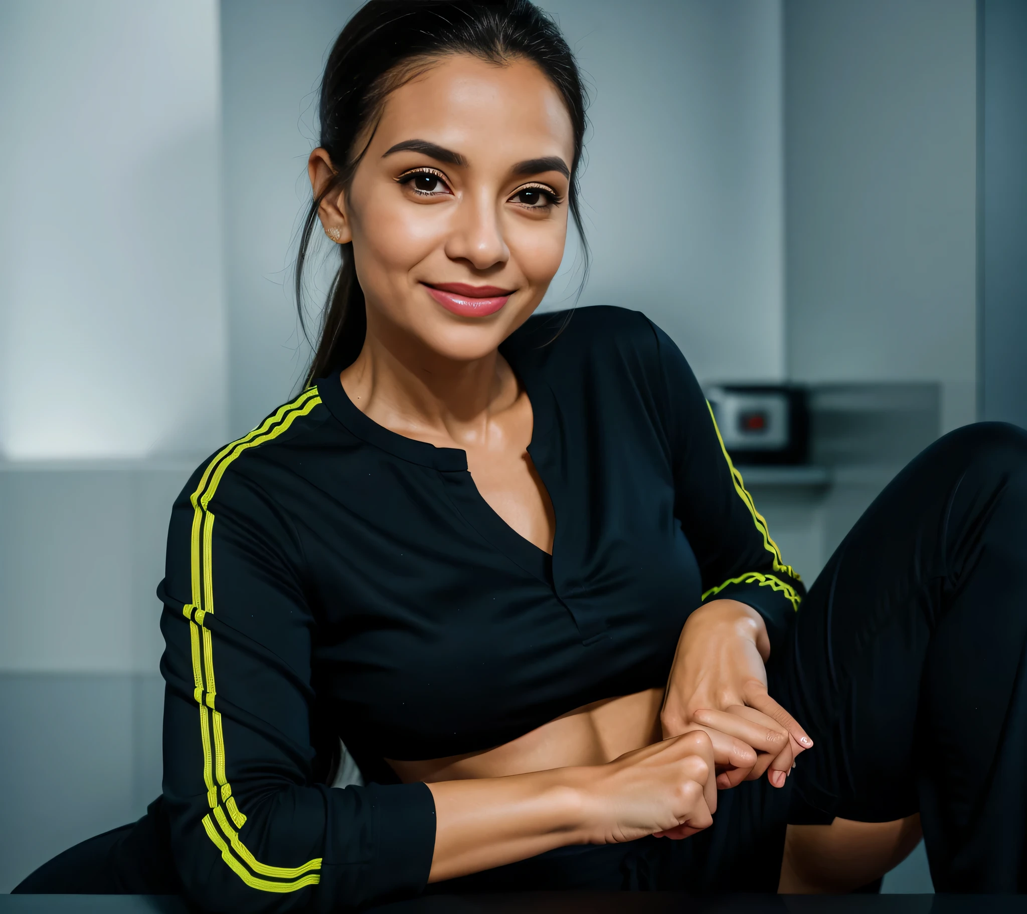 there is a woman sitting at a counter with a knife, mulher de 36 anos, foto realista, looks like fabiula nascimento, Uma mulher com pele branca e cabelos escuros. ela tem cerca de 35 anos. His lips were slightly plump, Seus olhos eram castanhos escuros. Corpo fino. cintura fina. Your body exudes glamor and your face is the definition of beauty. teste, Altamente realista, Lindo, slightly full lips, batom cor de rosa, sorridente, feeling of lightness and joy, hiperrealismo, pele muito elaborada. foto de corpo inteiro, Limpar foto, alta qualidade, high resolution, obra de arte, 8k.
