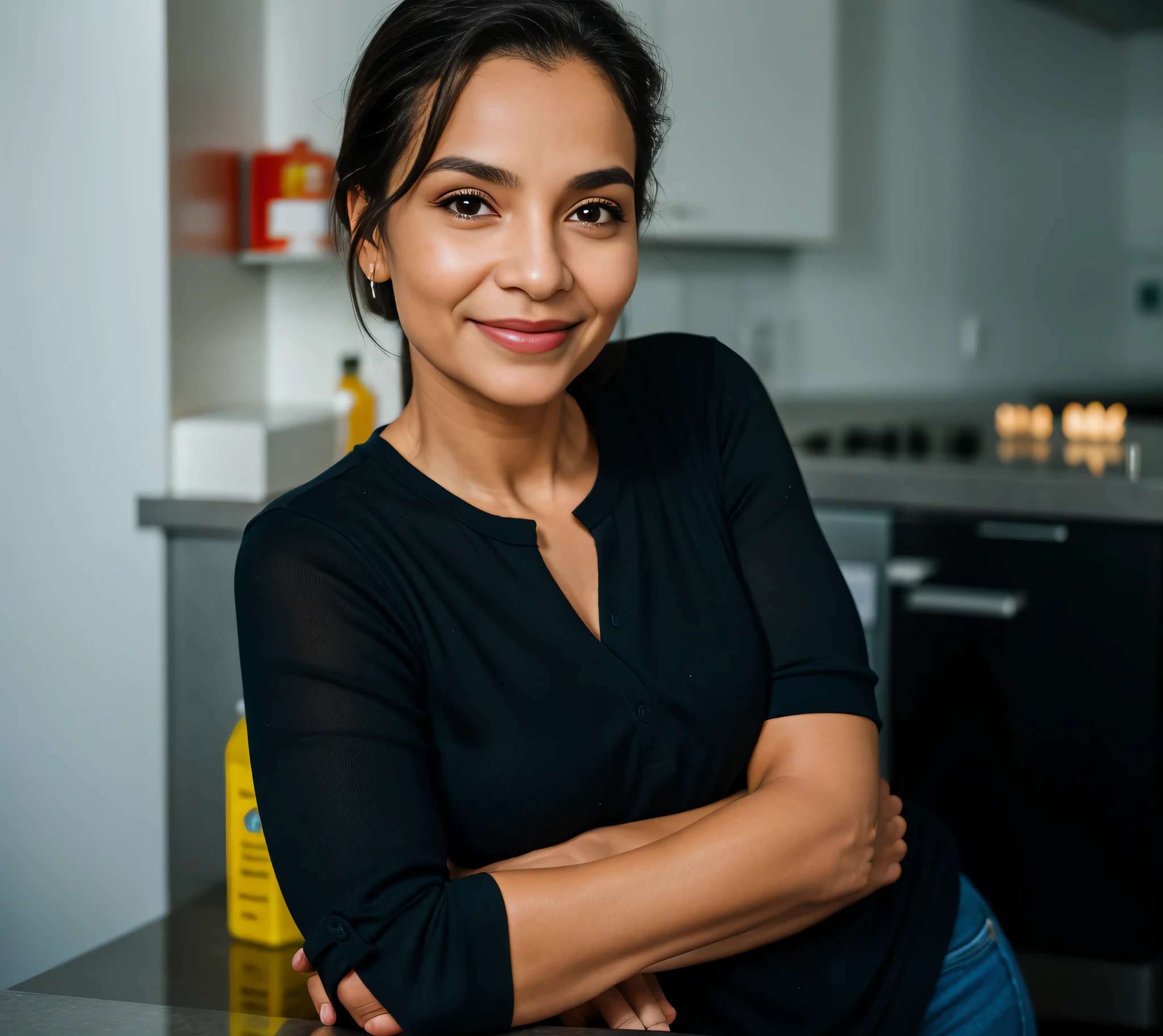 there is a woman sitting at a counter with a knife, mulher de 36 anos, foto realista, looks like fabiula nascimento, Uma mulher com pele branca e cabelos escuros. ela tem cerca de 35 anos. His lips were slightly plump, Seus olhos eram castanhos escuros. Corpo fino. cintura fina. Your body exudes glamor and your face is the definition of beauty. teste, Altamente realista, Lindo, slightly full lips, batom cor de rosa, sorridente, feeling of lightness and joy, hiperrealismo, pele muito elaborada. foto de corpo inteiro, Limpar foto, alta qualidade, high resolution, obra de arte, 8k.
