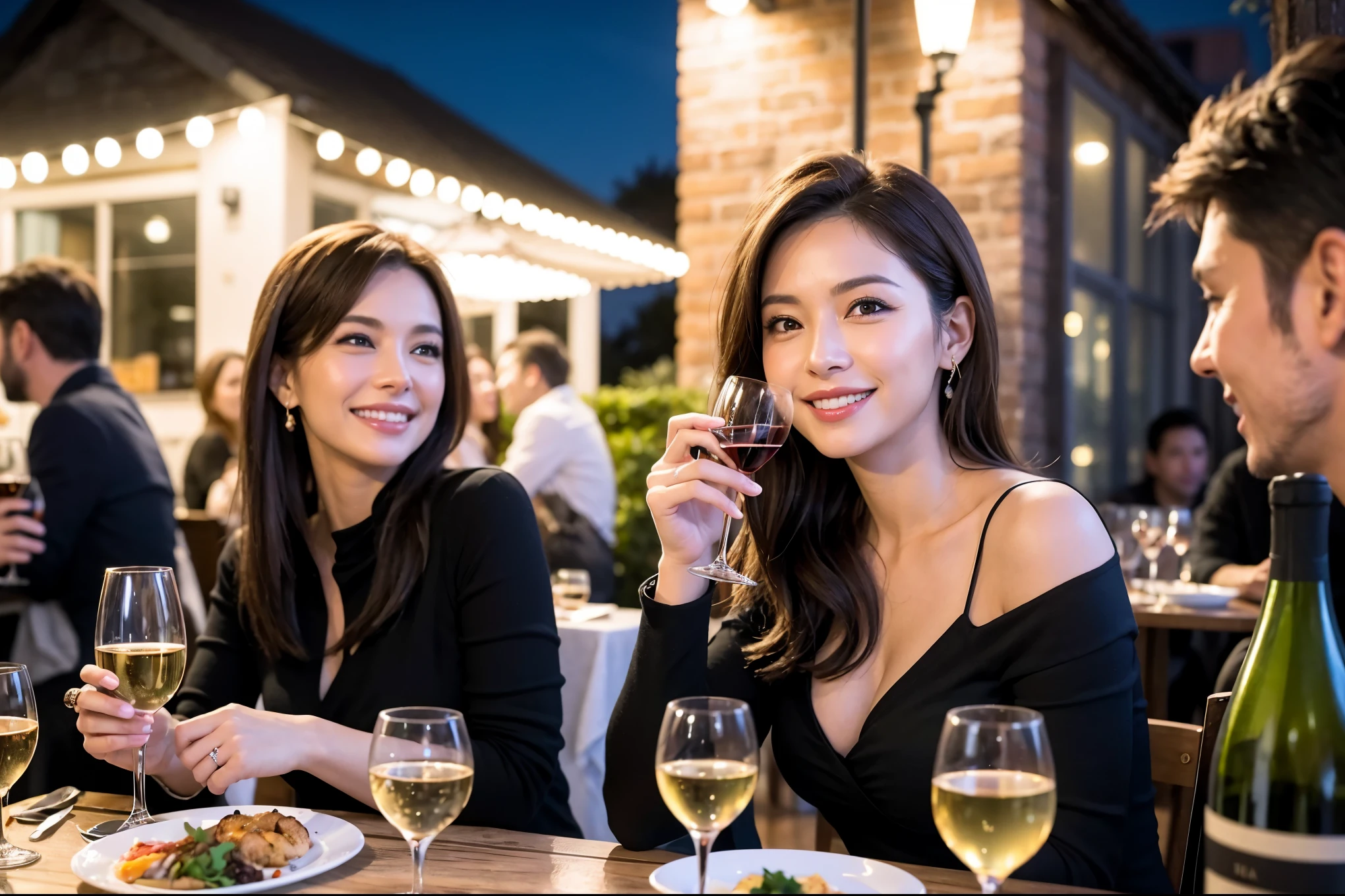 64k, UHD, highest quality, masterpiece: 1.2), (realistic, photorealistic: 1.37), Super detailed, celebration party、beauty、attractive、beautiful mature woman、3 women who love wine、three men、champagne、Sparkling wine、winter night、restaurantでワイン宴会、(slimな男女4名),(Wine party for 5 people)、(slimフェイス),Happy、 最高なsmile、Fox Face、Raccoon face、Berry Short、(because I'thin), (brown hair), (shortcut), long sleeve shirt、winter fashion、Colombia、Brazilian、Japanese、Dutch、German、Portuguese、Belgian、Italian、french, (gushing), (slimボティ), (brown hair), (shortcut), 端正なbeauty、cheeks blush a little, (41 years old), 38 years old, 35 years old、32 years old、 43 years old、A beautiful and detailed night view spreads out outside the window......, restaurant, wine glassが座っている, At night, in a prominent place (from the Upper body) nova frog style, actress, model, Upper body, White wine, slim, wine glass, Very beautiful night view, wine glass Put in the Middle, Happy smile, (smile: 1.15),