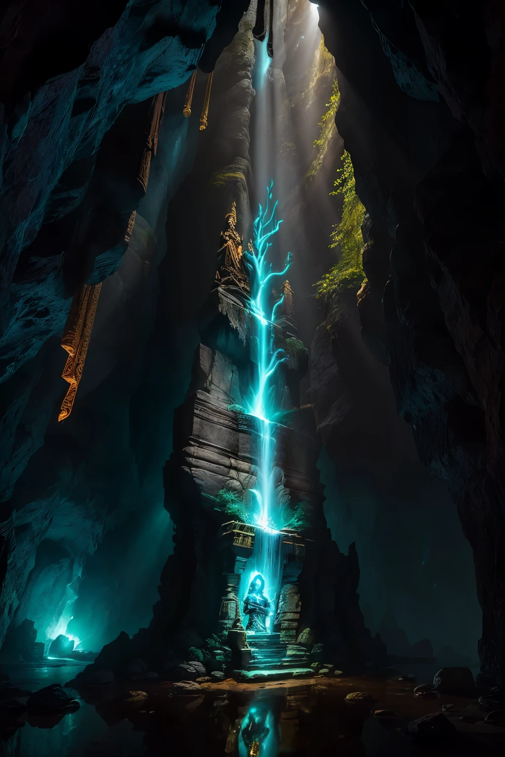 In the heart of a secluded and enigmatic cave, the enigmatic Lord Shiva is depicted in dark colors, clad in the regalia of a fearsome warrior. He stands proudly with his mighty trishul, an iconic triple-headed spear, raised high in his right hand. The trident gleams ominously, reflecting the ethereal sunlight that streams in through a small opening atop the cave, casting an otherworldly glow on the scene.
The cave's walls are adorned with ancient statues and intricately carved gods and goddesses, their sacred features glowing subtly in the filtered light. Nestled amidst the cave