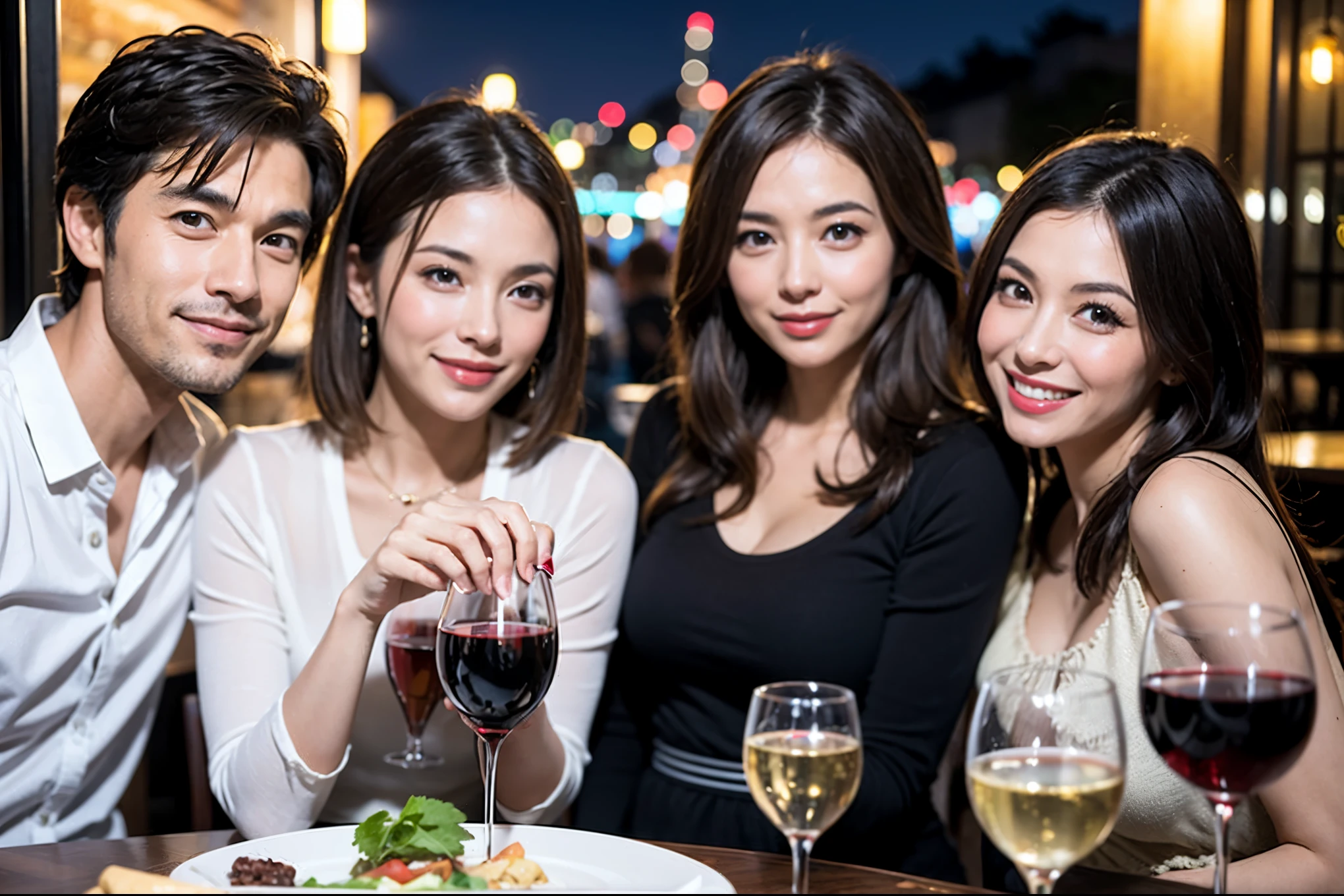 64k, UHD, highest quality, masterpiece: 1.2), (realistic, photorealistic: 1.37), Super detailed, celebration party、beauty、attractive、beautiful mature woman、3 women who love wine、three men、champagne、Sparkling wine、winter night、restaurantでワイン宴会、(slimな男女4名),(Wine party for 5 people)、(slimフェイス),Happy、 最高なsmile、Fox Face、Raccoon face、Berry Short、(because I'thin), (brown hair), (shortcut), long sleeve shirt、winter fashion、Colombia、Brazilian、Japanese、Dutch、German、Portuguese、Belgian、Italian、french, (gushing), (slimボティ), (brown hair), (shortcut), 端正なbeauty、cheeks blush a little, (41 years old), 38 years old, 35 years old、32 years old、 43 years old、A beautiful and detailed night view spreads out outside the window......, restaurant, wine glassが座っている, At night, in a prominent place (from the Upper body) nova frog style, actress, model, Upper body, White wine, slim, wine glass, Very beautiful night view, wine glass Put in the Middle, Happy smile, (smile: 1.15),
