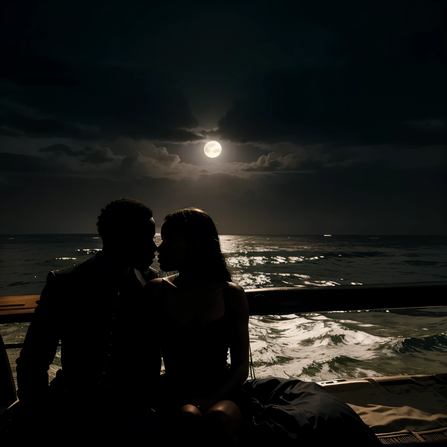Side silhouette under streetlight, Beautiful couple of a black man and black woman, on a date sitting on a floating couch at sea, full moon beside them, shadow high contrast,  movie lighting, Enigmatic Atmosphere, theatrical shadow,  Artistic medium: painting [The color is black, theatrical, high contrast], best quality, Super detailed, Realistic style, Monochromatic color palette, Moody light, Chiaroscuro effect, Intricate shadows, superb brushwork