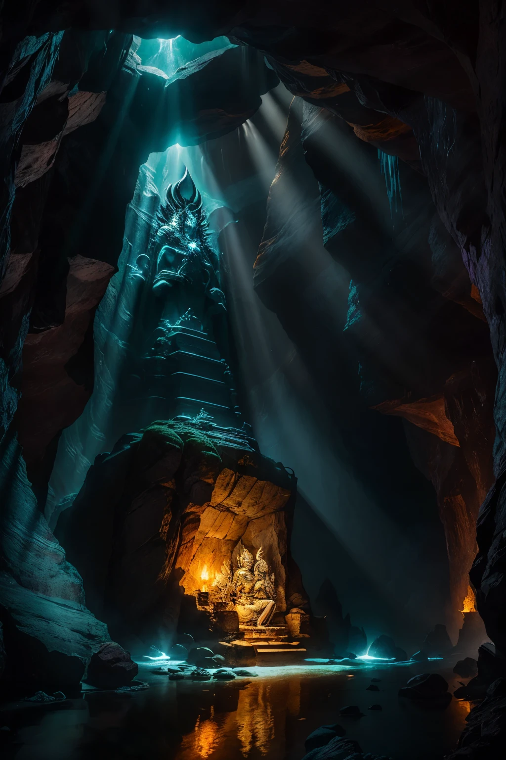 In the heart of a secluded and enigmatic cave, the enigmatic Lord Shiva is depicted in dark colors, clad in the regalia of a fearsome warrior. He stands proudly with his mighty trishul, an iconic triple-headed spear, raised high in his right hand. The trident gleams ominously, reflecting the ethereal sunlight that streams in through a small opening atop the cave, casting an otherworldly glow on the scene.

The cave's walls are adorned with ancient statues and intricately carved gods and goddesses, their sacred features glowing subtly in the filtered light. Nestled amidst the cave