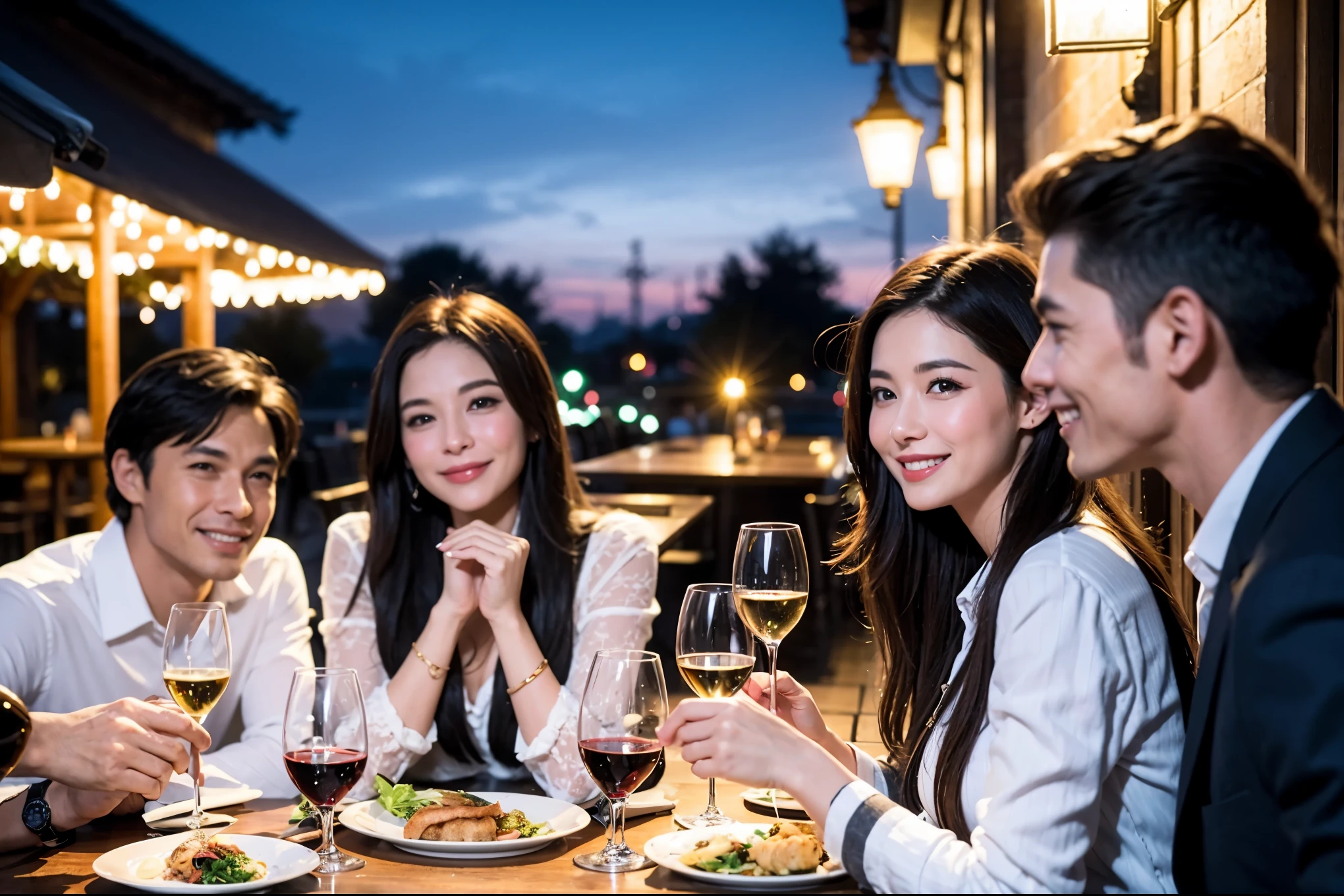 64k, UHD, highest quality, masterpiece: 1.2), (realistic, photorealistic: 1.37), Super detailed, celebration party、beauty、charming、beautiful mature woman、3 women who love wine、three men、champagne、Sparkling wine、winter night、restaurantでワイン宴会、(slimな男女4名),(Wine party for 5 people)、(slimフェイス),Happy、 最高なsmile、Fox Face、Raccoon face、Berry Short、(because I'thin), (brown hair), (shortcut), long sleeve shirt、winter fashion、Colombia、Brazilian、Japanese、Dutch、German、Portuguese、Belgian、Italian、french, (gushing), (slimボティ), (brown hair), (shortcut), 端正なbeauty、cheeks blush a little, (41 years old), 38 years old, 35 years old、32 years old、 43 years old、A beautiful and detailed night view spreads out outside the window....., restaurant, wine glassが座っている, At night, in a prominent place (from the Upper body) nova frog style, actress, model, Upper body, White wine, slim, wine glass, Very beautiful night view, wine glass Put in the Middle, Happy smile, (smile: 1.15),