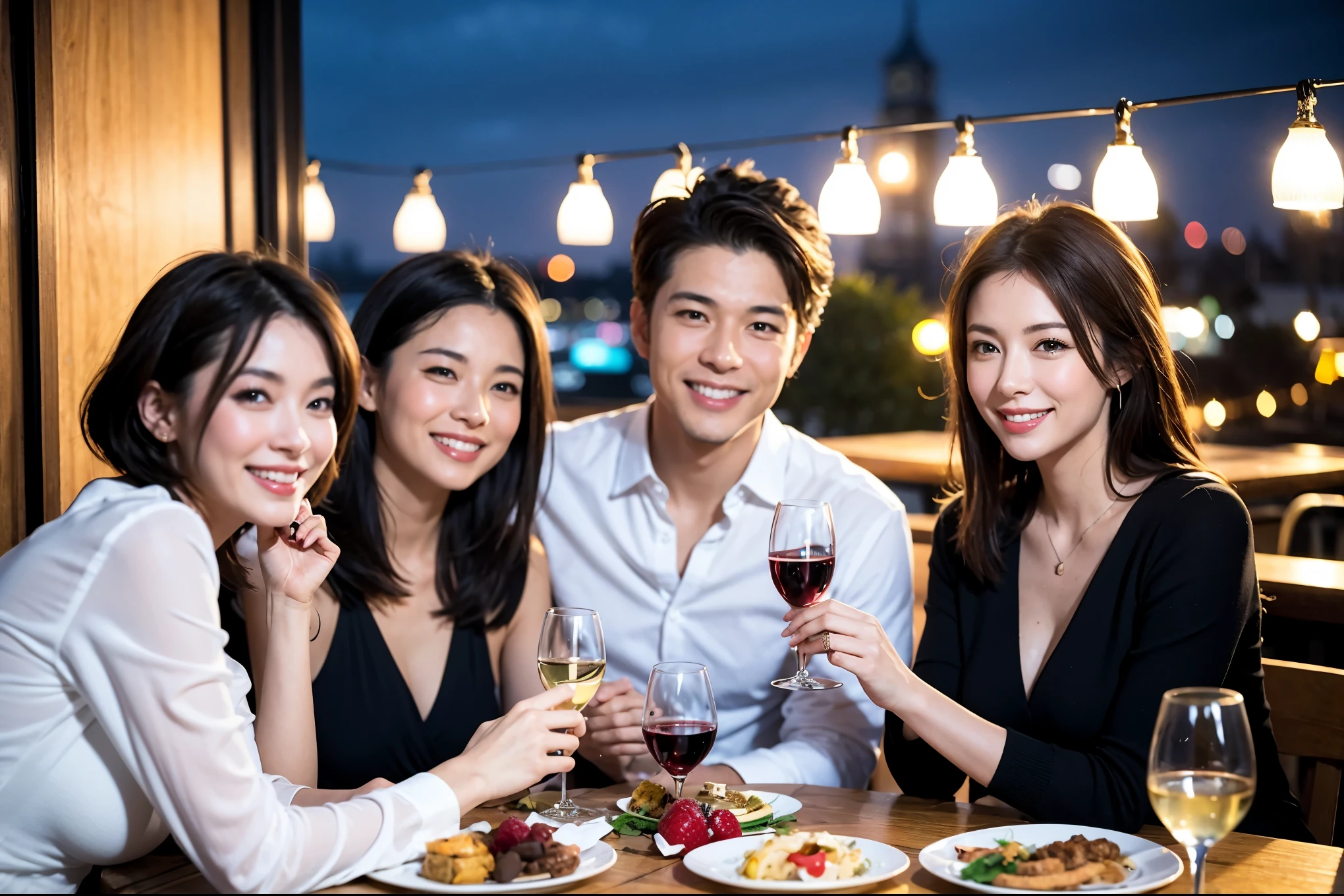 64k, UHD, highest quality, masterpiece: 1.2), (realistic, photorealistic: 1.37), Super detailed, celebration party、beauty、charming、beautiful mature woman、3 women who love wine、three men、champagne、Sparkling wine、winter night、restaurantでワイン宴会、(slimな男女4名),(Wine party for 5 people)、(slimフェイス),Happy、 最高なsmile、Fox Face、Raccoon face、Berry Short、(because I'thin), (brown hair), (shortcut), long sleeve shirt、winter fashion、Colombia、Brazilian、Japanese、Dutch、German、Portuguese、Belgian、Italian、french, (gushing), (slimボティ), (brown hair), (shortcut), 端正なbeauty、cheeks blush a little, (41 years old), 38 years old, 35 years old、32 years old、 43 years old、A beautiful and detailed night view spreads out outside the window....., restaurant, wine glassが座っている, At night, in a prominent place (from the Upper body) nova frog style, actress, model, Upper body, White wine, slim, wine glass, Very beautiful night view, wine glass Put in the Middle, Happy smile, (smile: 1.15),