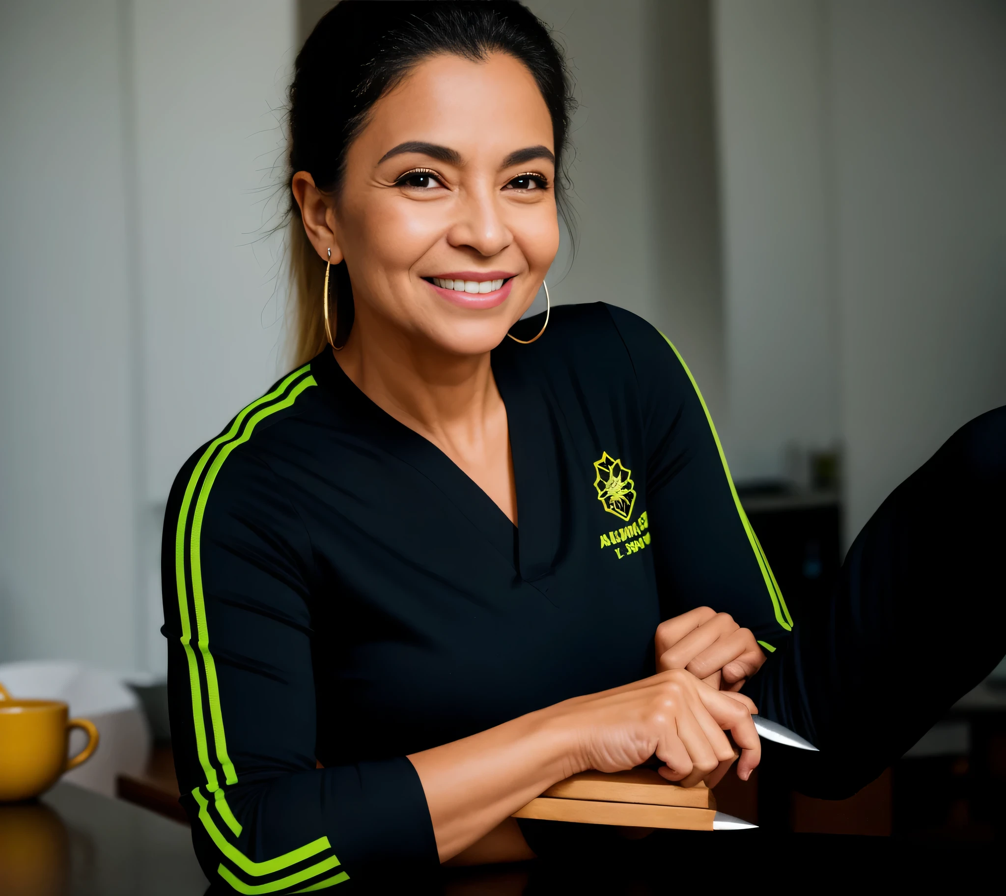 there is a woman sitting at a counter with a knife, mulher de 36 anos, foto realista, looks like fabiula nascimento, Uma mulher com pele branca e cabelos escuros. ela tem cerca de 35 anos. His lips were slightly plump, Seus olhos eram castanhos escuros. Corpo fino. cintura fina. Your body exudes glamor and your face is the definition of beauty. teste, Altamente realista, Lindo, slightly full lips, batom cor de rosa, sorridente, feeling of lightness and joy, hiperrealismo, pele muito elaborada. foto de corpo inteiro, Limpar foto, alta qualidade, high resolution, obra de arte, 8k.