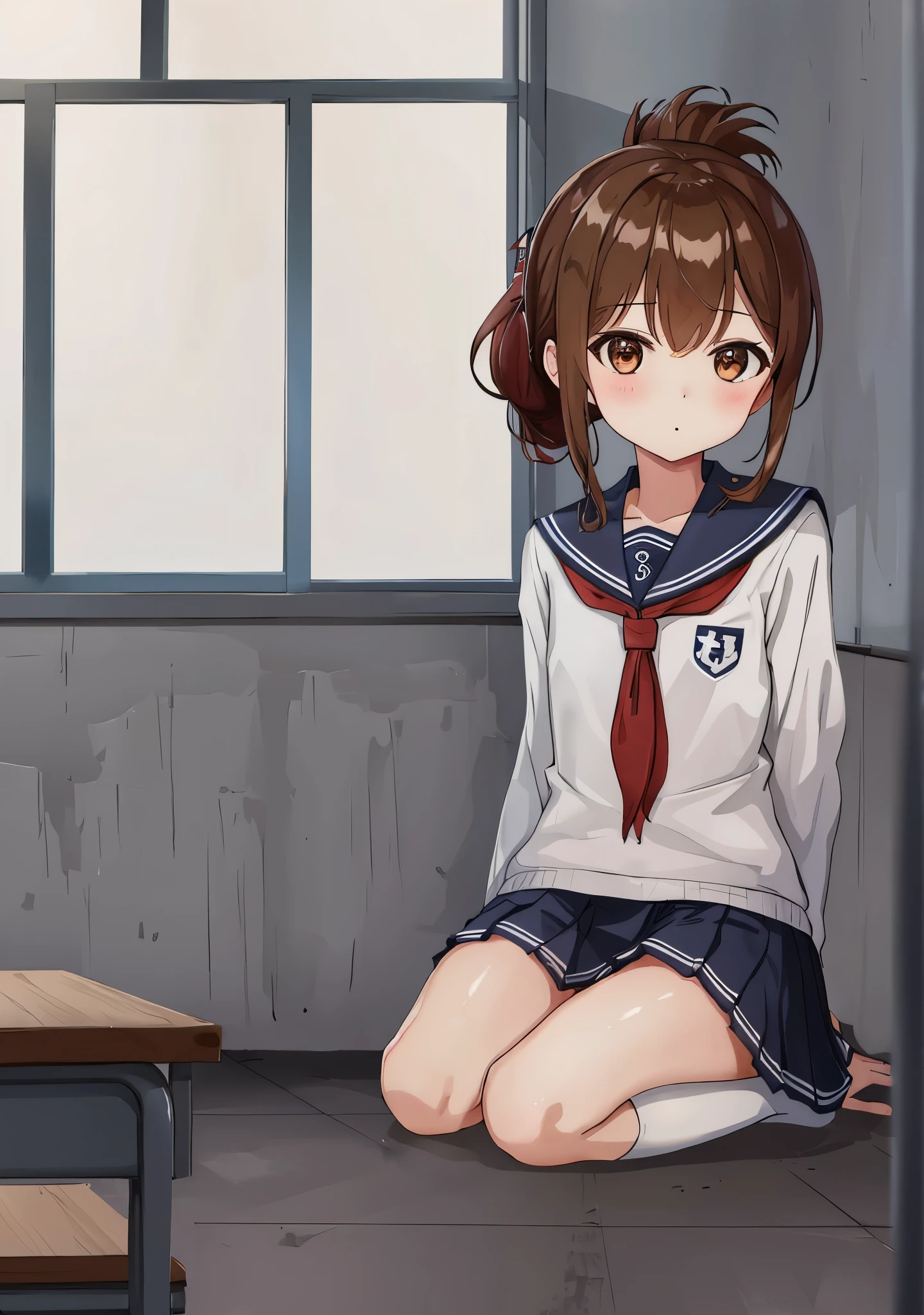 (masterpiece, highest quality:1.2),figure,8K,HD,1 girl,alone,Brown_hair,folded_ponytail,Brown_eye,serafuku,length_hair,School_uniform,skirt,pleats_skirt,セーラー服を着た体調の悪い女子高生がSchoolの体育館の床に座り、observing classes.