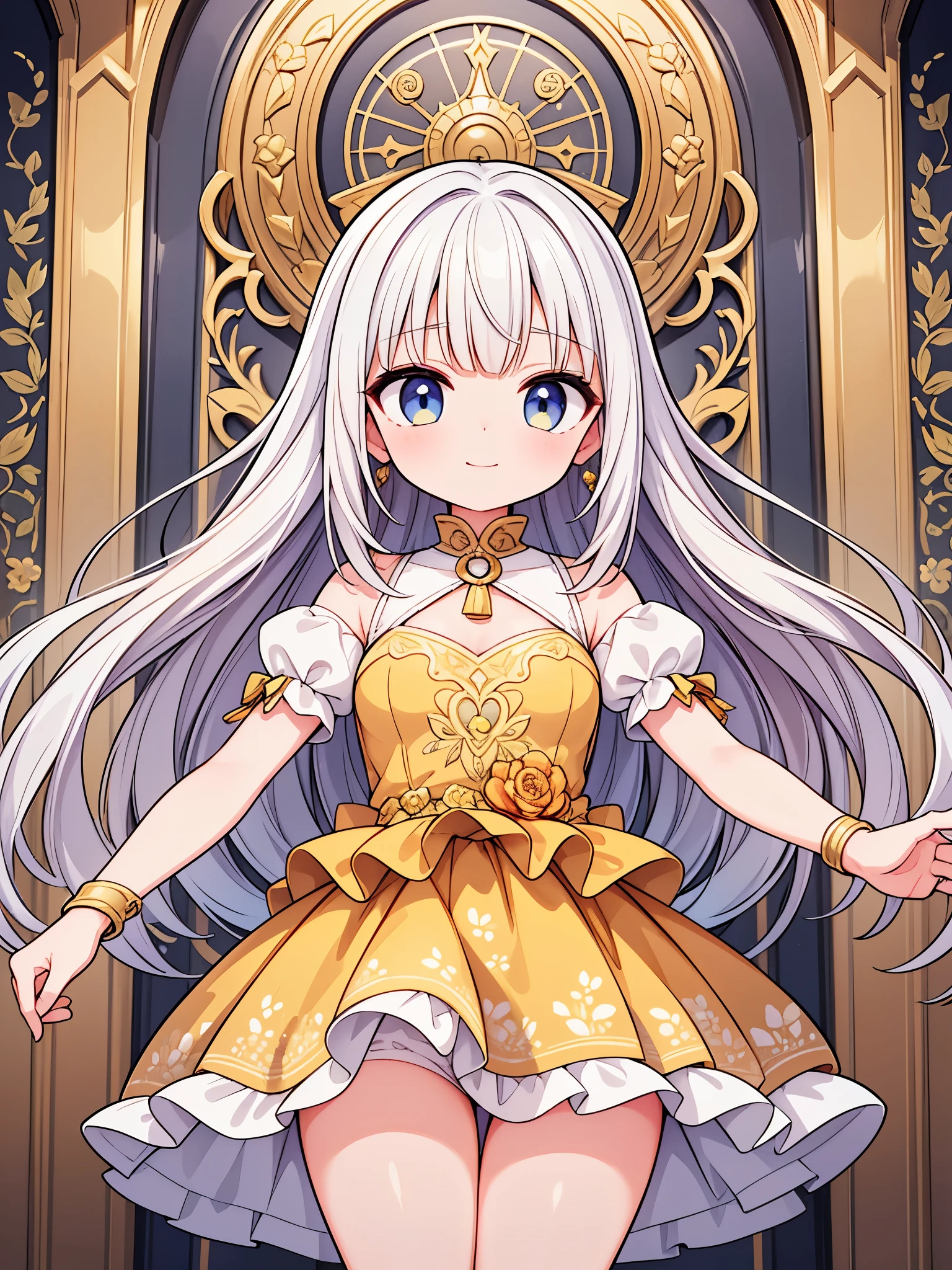 ((highest quality)),(ultra high resolution),(Super detailed),(detailed description),((best CG)),(best work of art),super precision art,great drawing art,(Fantasy art with precise details:1.5), (1 woman:1.6),(beautiful and well-shaped face:1.5),smile:1.7,(A very intricate and detailed floral dress:1.6,Circular skirt:1.3),accessories:1.5, Warm sunshine,breeze,birdie,Small animals