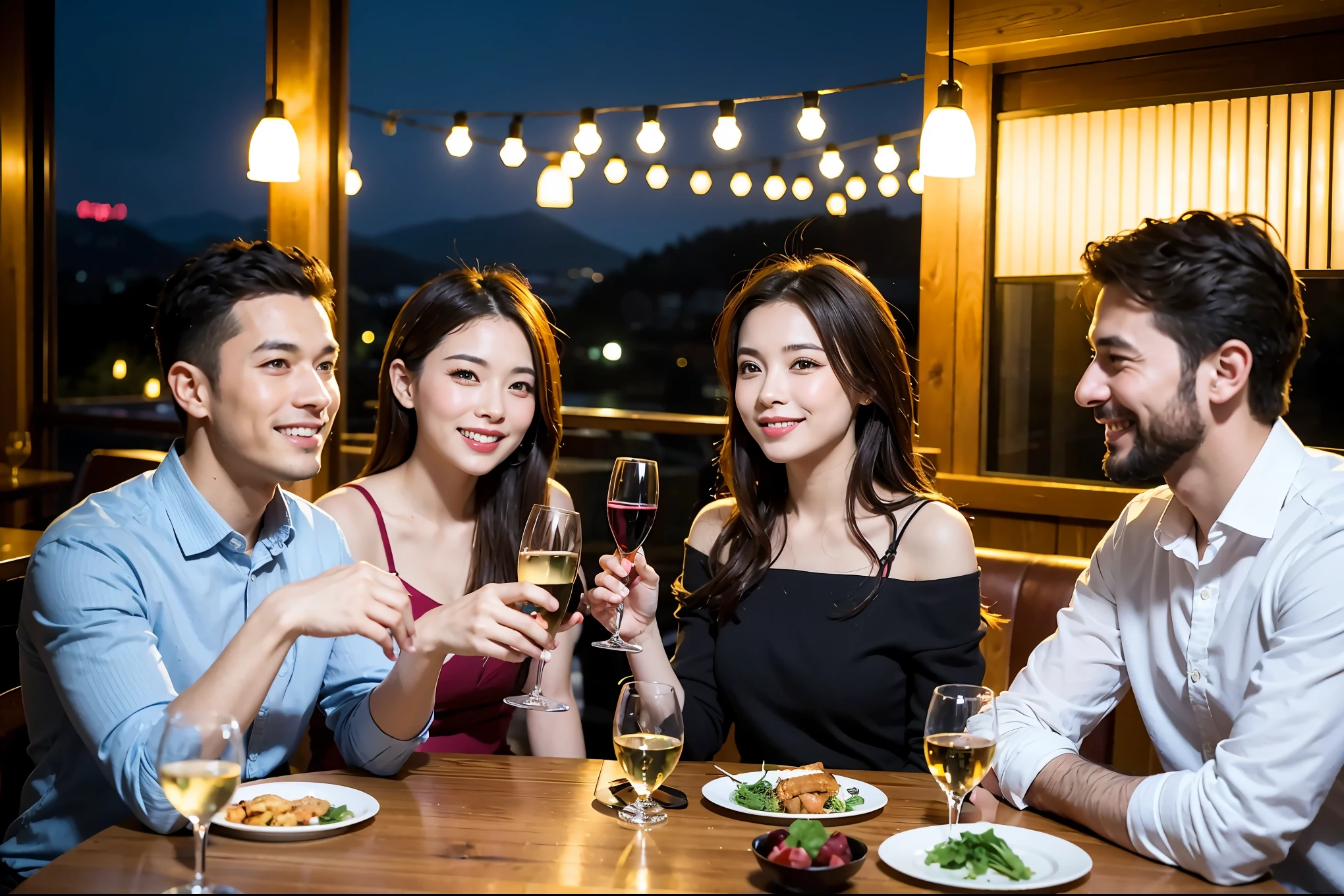 64k, UHD, highest quality, masterpiece: 1.2), (realistic, photorealistic: 1.37), Super detailed, celebration party、beauty、charming、beautiful mature woman、3 women who love wine、three men、champagne、Sparkling wine、winter night、restaurantでワイン宴会、(slimな男女4名),(Wine party for 5 people)、(slimフェイス),Happy、 最高なsmile、Fox Face、Berry Short、(because I'thin), (brown hair), (shortcut), long sleeve shirt、winter fashion、Japanese、Dutch、German、Portuguese、Belgian、Italian、french, (gushing), (slimボティ), (brown hair), (shortcut), 端正なbeauty、cheeks blush a little, (34 years old), 38 years old,32 years old、40 years old、29yo、 A beautiful and detailed night view spreads out outside the window....., restaurant, wine glassが座っている, At night, in a prominent place (from the Upper body) nova frog style, actress, model, Upper body, White wine, slim, wine glass, Very beautiful night view, wine glass Put in the Middle, Happy smile, (smile: 1.15),