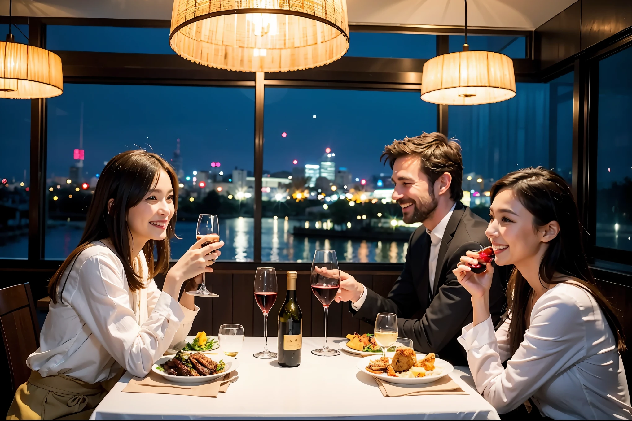 k, UHD, highest quality, masterpiece: 1.2), (realistic, photorealistic: 1.37), Super detailed, celebration paeauty、charming、beautiful mature 3 women who love wine、three men、champagne、Sparkling wine、winter night、restaurantでワイン宴会、(slimな男女4名),(Wine party for 5 p)、(slimフェイス),Happy、 最高なsmile、Fox Face、Berry Short、(because I'thin), (brown hair), (shortcut), long sleeve shirt、winter fashion、Japanese、Dutch、German、Portuguese、Belgian、Italian、french, (gushing), (slimボティ), (brown hair), (shortcut), 端正なbeauty、cheeks blush a little, (34 years old), 38 years old,32 years old、40 years old、29yo、 A beautiful and detailed night view spreads out outside the window....., restaurant, wine glassが座っている, At night, in a prominent place (from the Upper body) nova frog style, actress, model, Upper body, White wine, slim, wine glass, Very beautiful night view, wine glass Put in the Middle, Happy smile, (smile: 1.15),