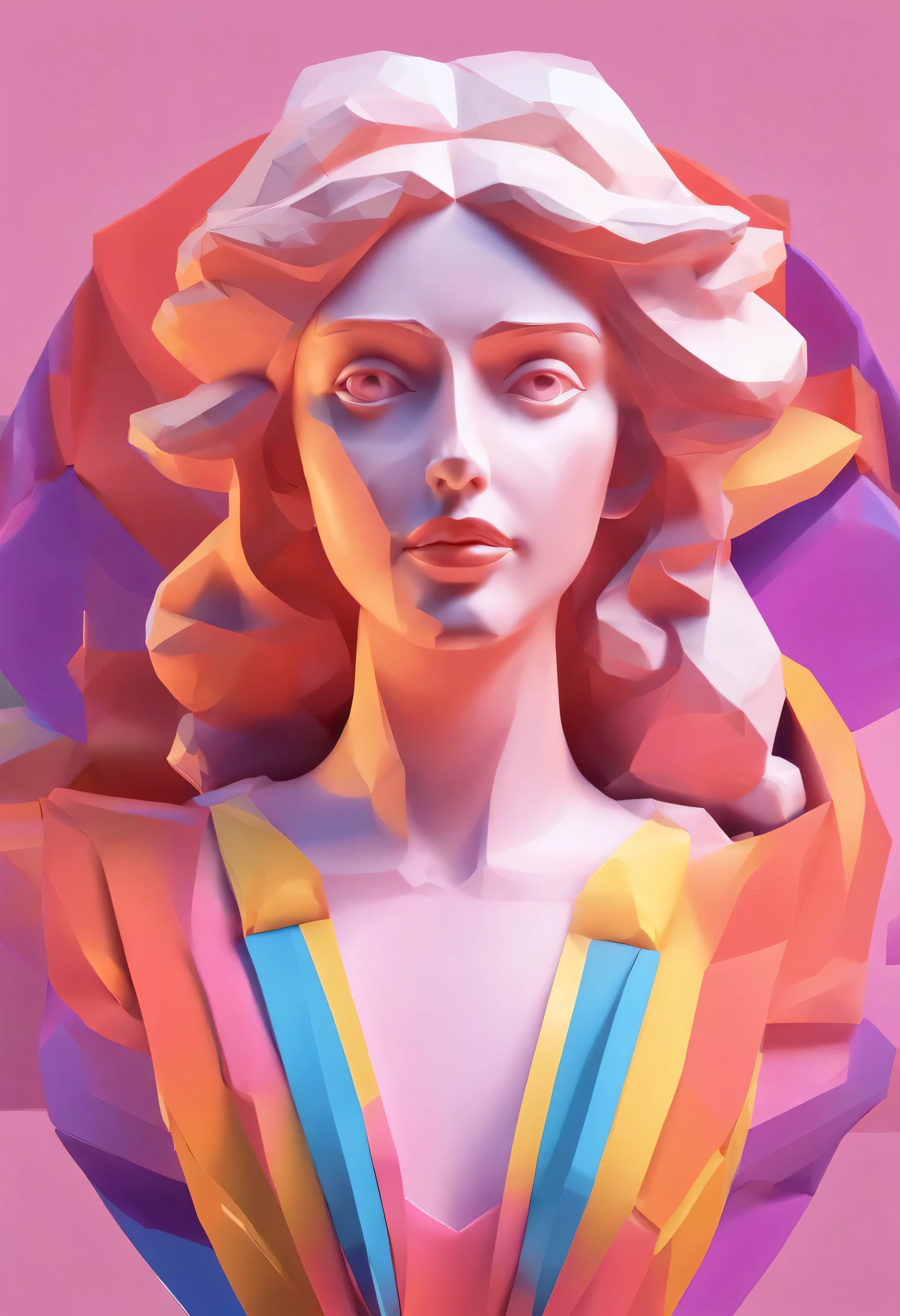 Close-up of a statue of a woman, Colorful classical statues, greek goddess portrait sculpture, Classical art, bust and beautiful neck, Michelangelo's education, classicism artstyle,Paper cut art style, neon candy colors, simple, Funky, bright.。.。.。.。.3D, Redshift, Arnold renderer, high detal, high qulity,Candy color 8K front