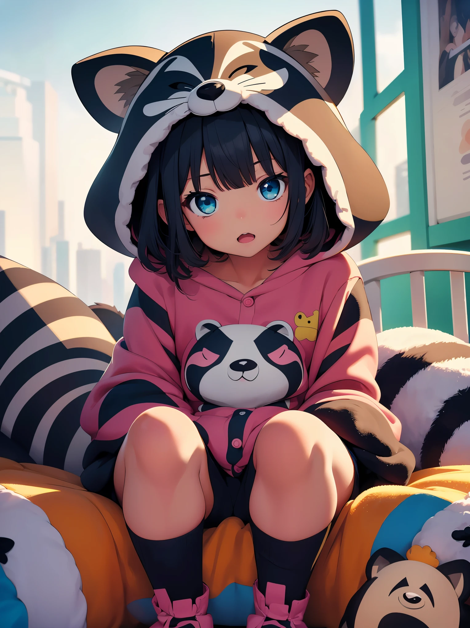 (8K, RAW photo, 最high quality, masterpiece:1.2), High-definition RAW color photo, Professional photo shoot, cinematic light, alone, ((1 , young gireeping in a crib)), (detailed expression), full body shot, (((raccoon costume, Costume pajamas)))beautiful skin, shiny skin, perfect fingers, five fingers, anatomically correct, background bokeh, high quality, surreal, bright colors, ((very detailed, photo shoot)),